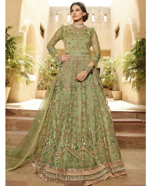Pista Green Gown Adorned with Beads and Floral Design Stones|Gowns -Diademstore.com