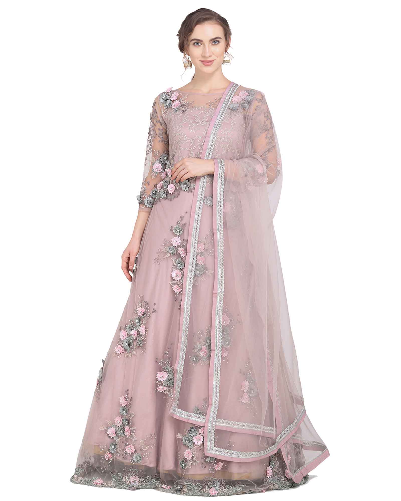 Buy V&M Light Baby Pink Color Lace Boat Neck 3/4 Sleeve French Crepe Floor  Length Gown for Women (vm70) (X-Small) at Amazon.in