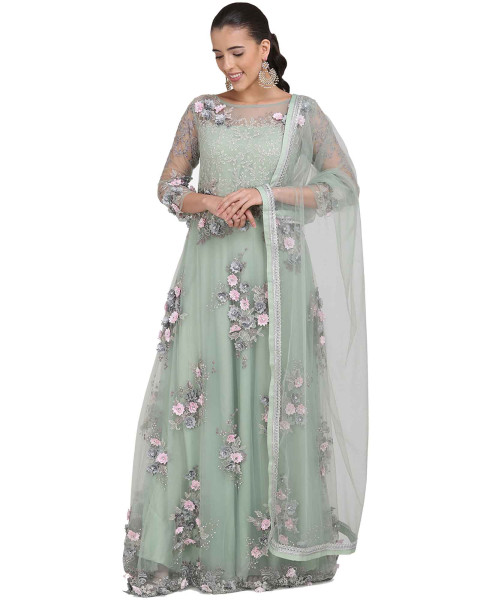 Green Floral Embroidered Indowestern Gown With Dupatta