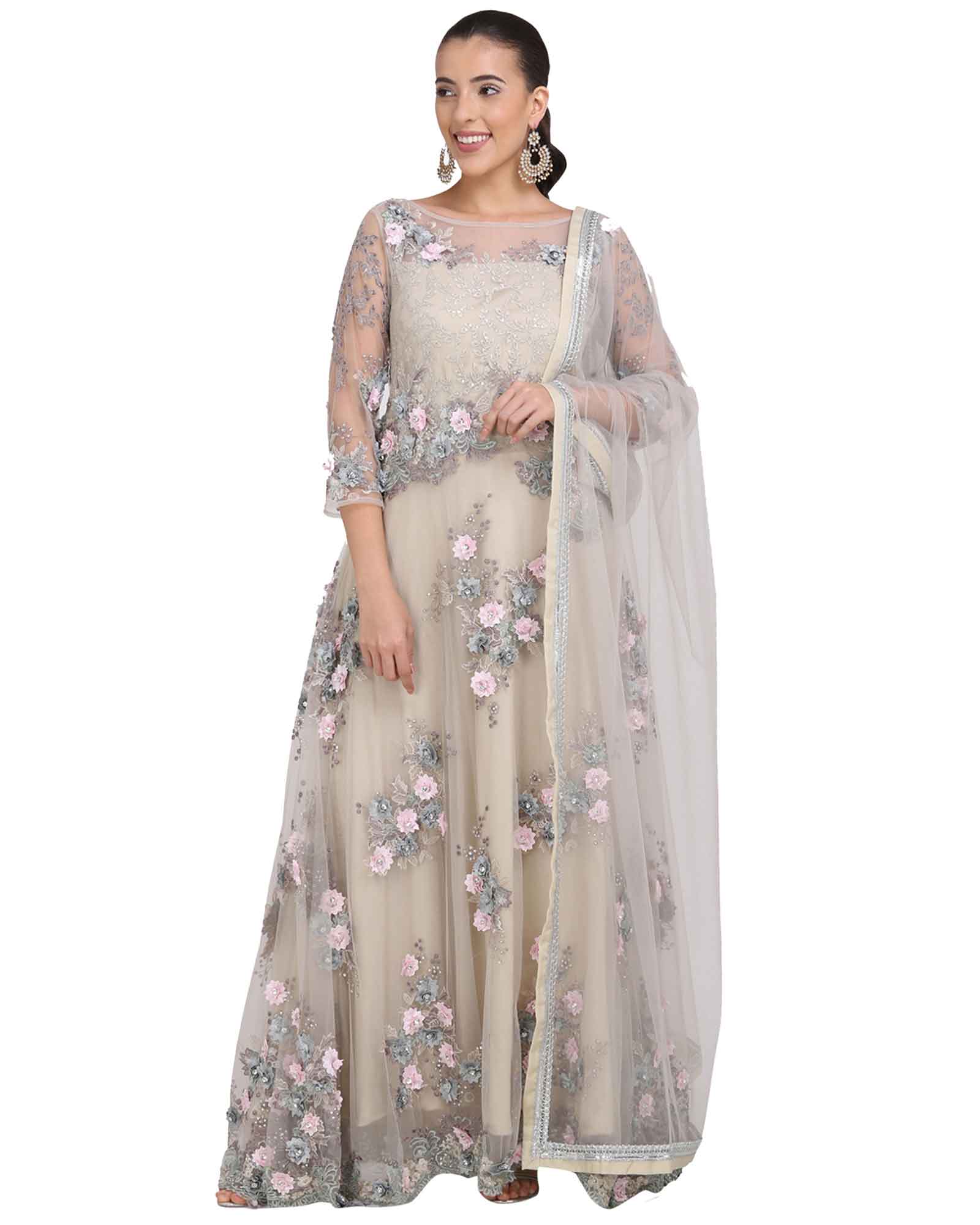 Cream Floral Embroidered Indowestern Gown With Dupatta