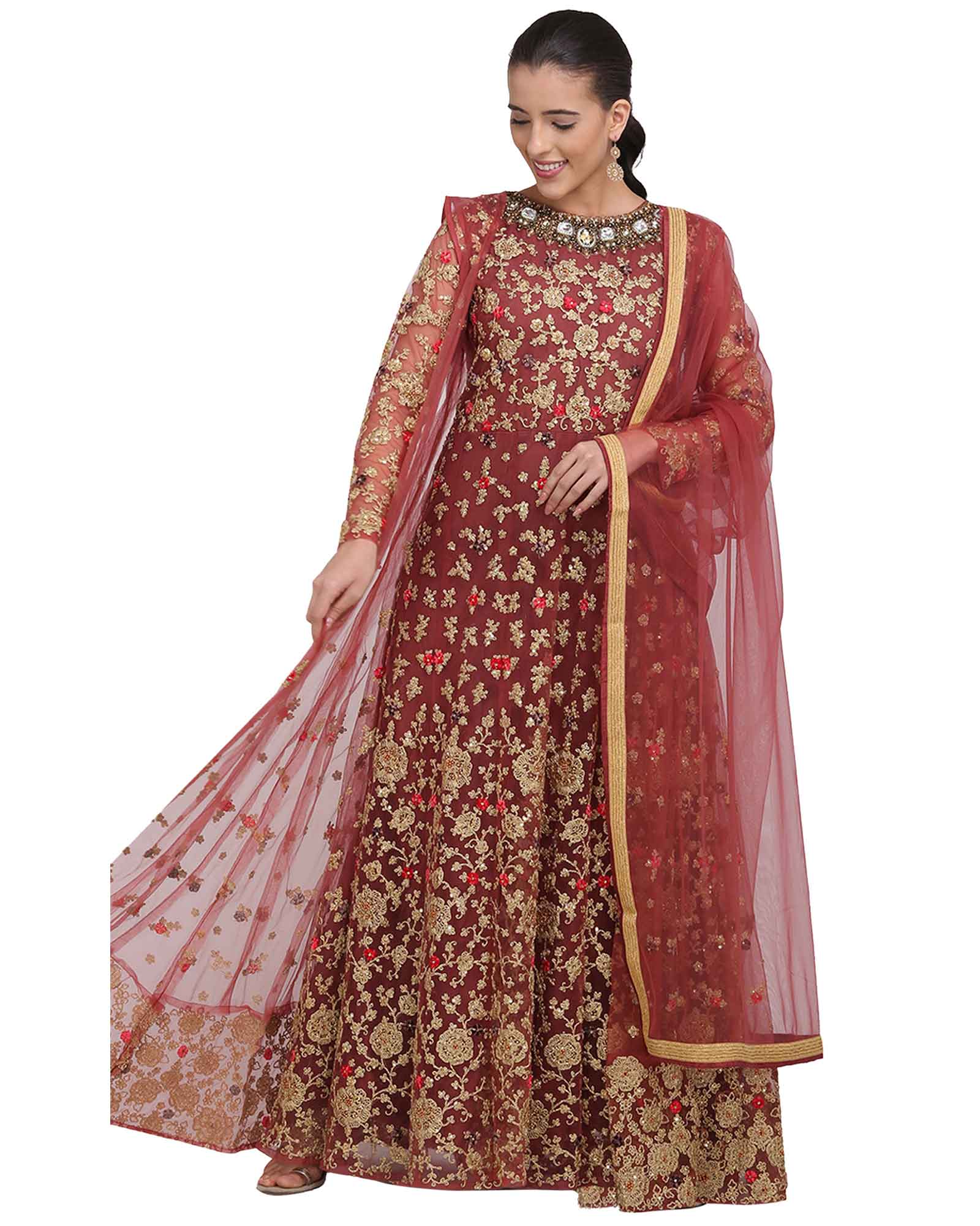 Maroon Floral Embroidered Indowestern Gown With Dupatta