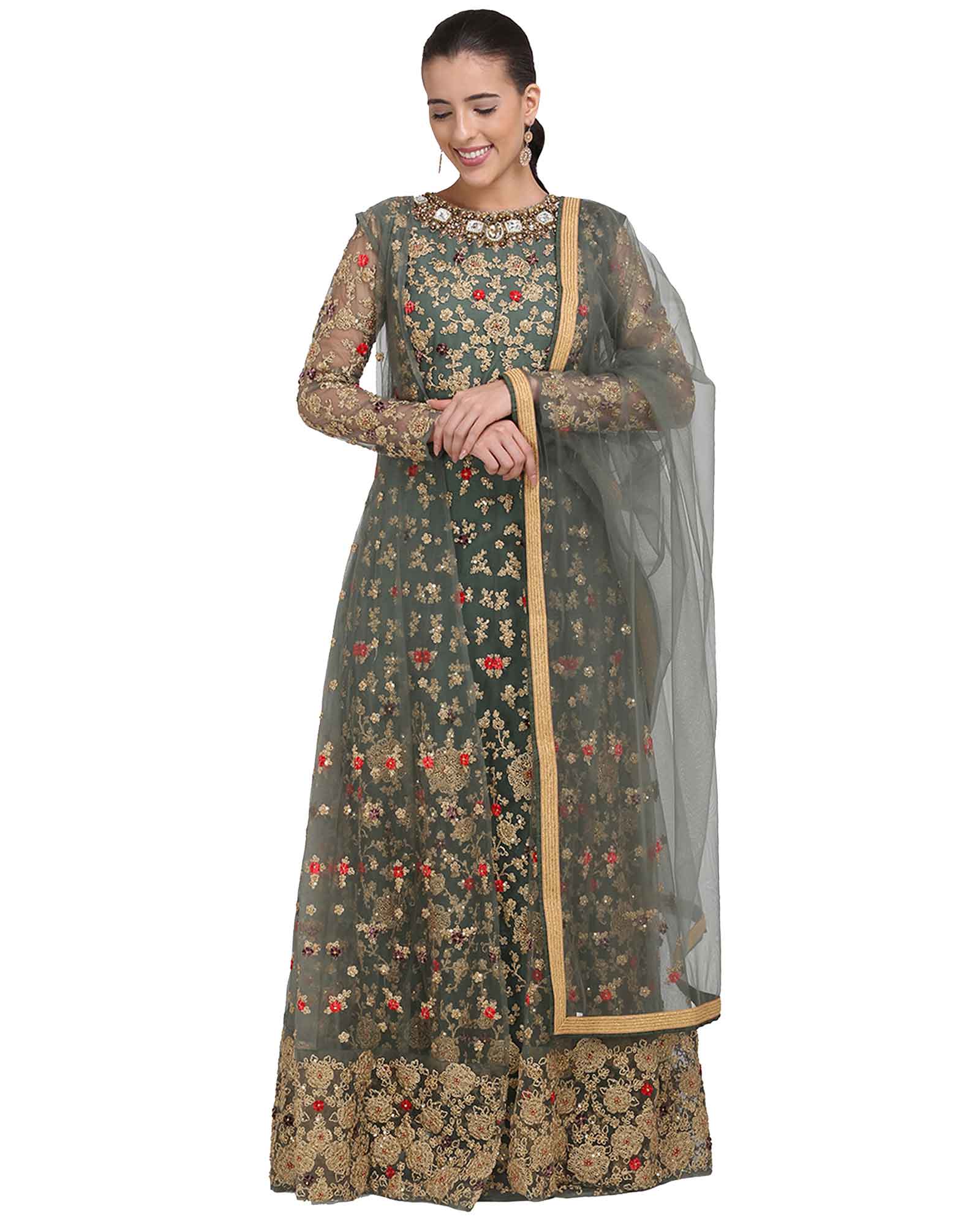 Olive Floral Embroidered Indowestern Gown With Dupatta