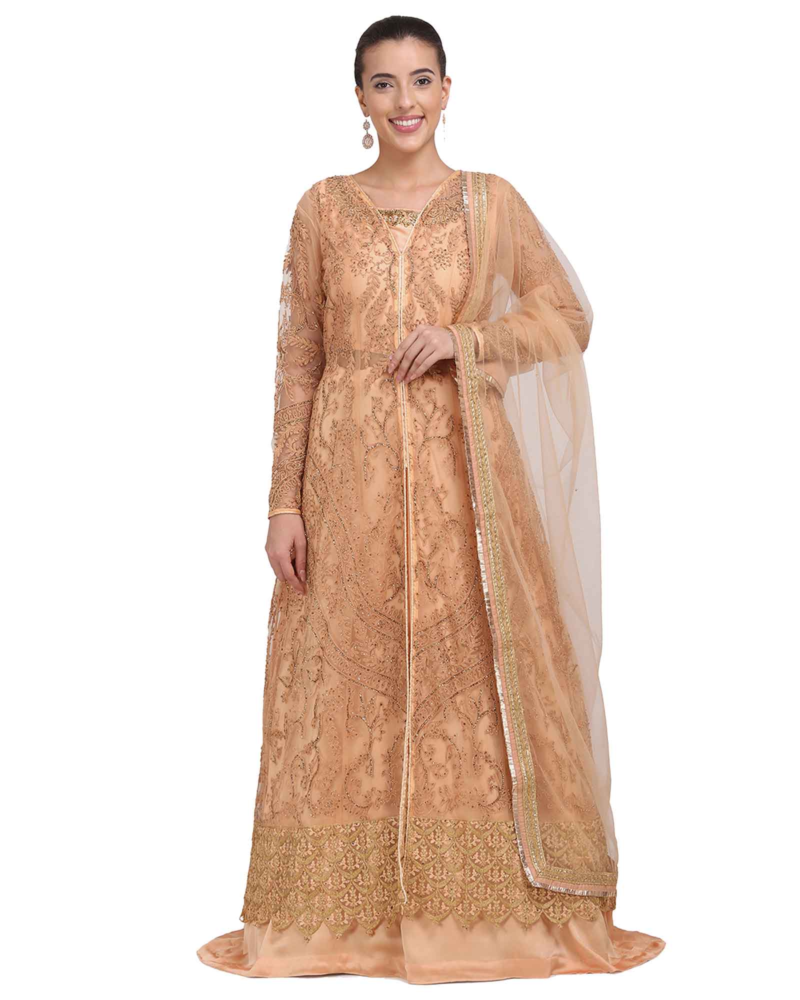 Peach Colored Party Wear Embroidered Net Lehenga Kameez