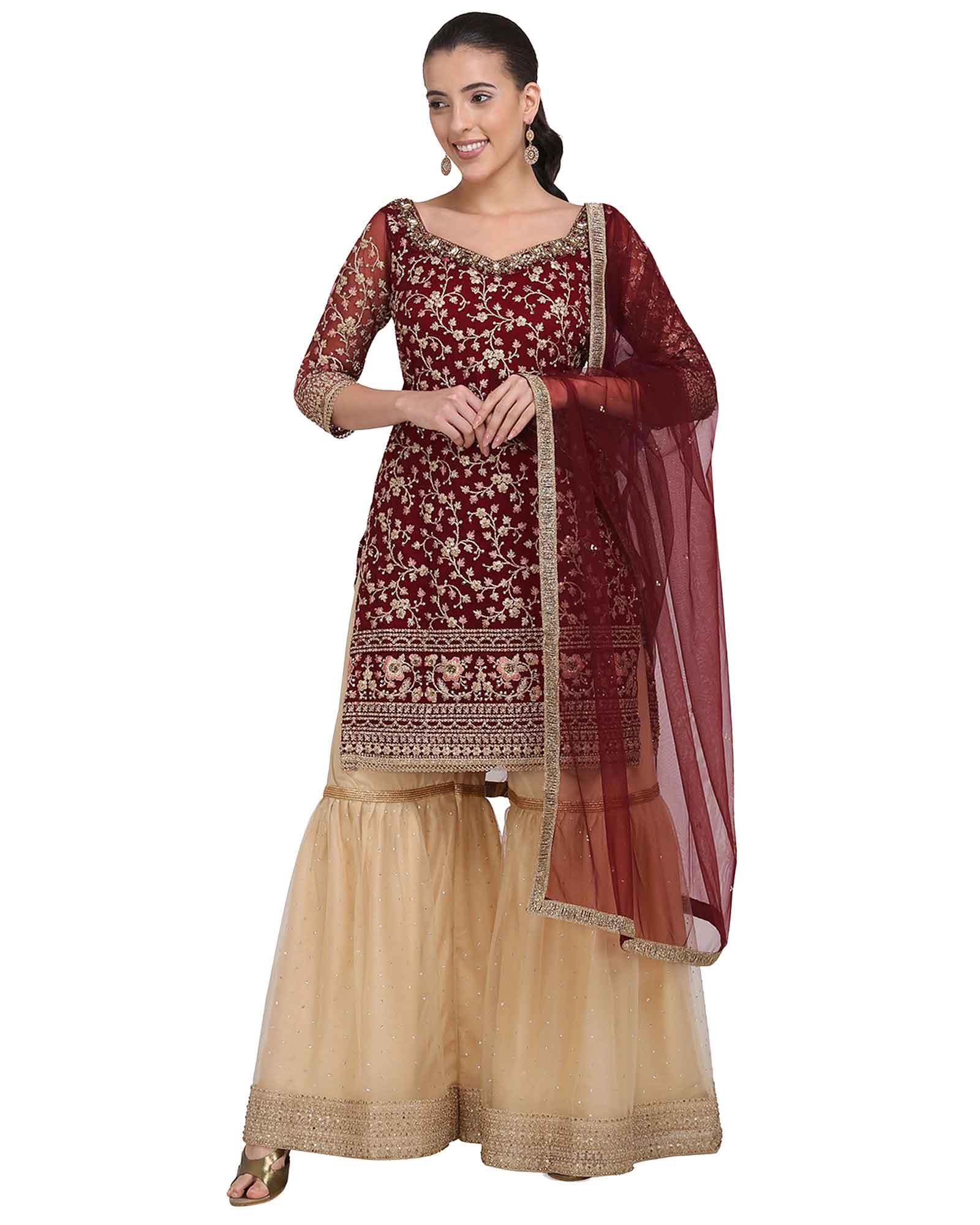 Maroon Straight Cut Embroidered Sharara Suit