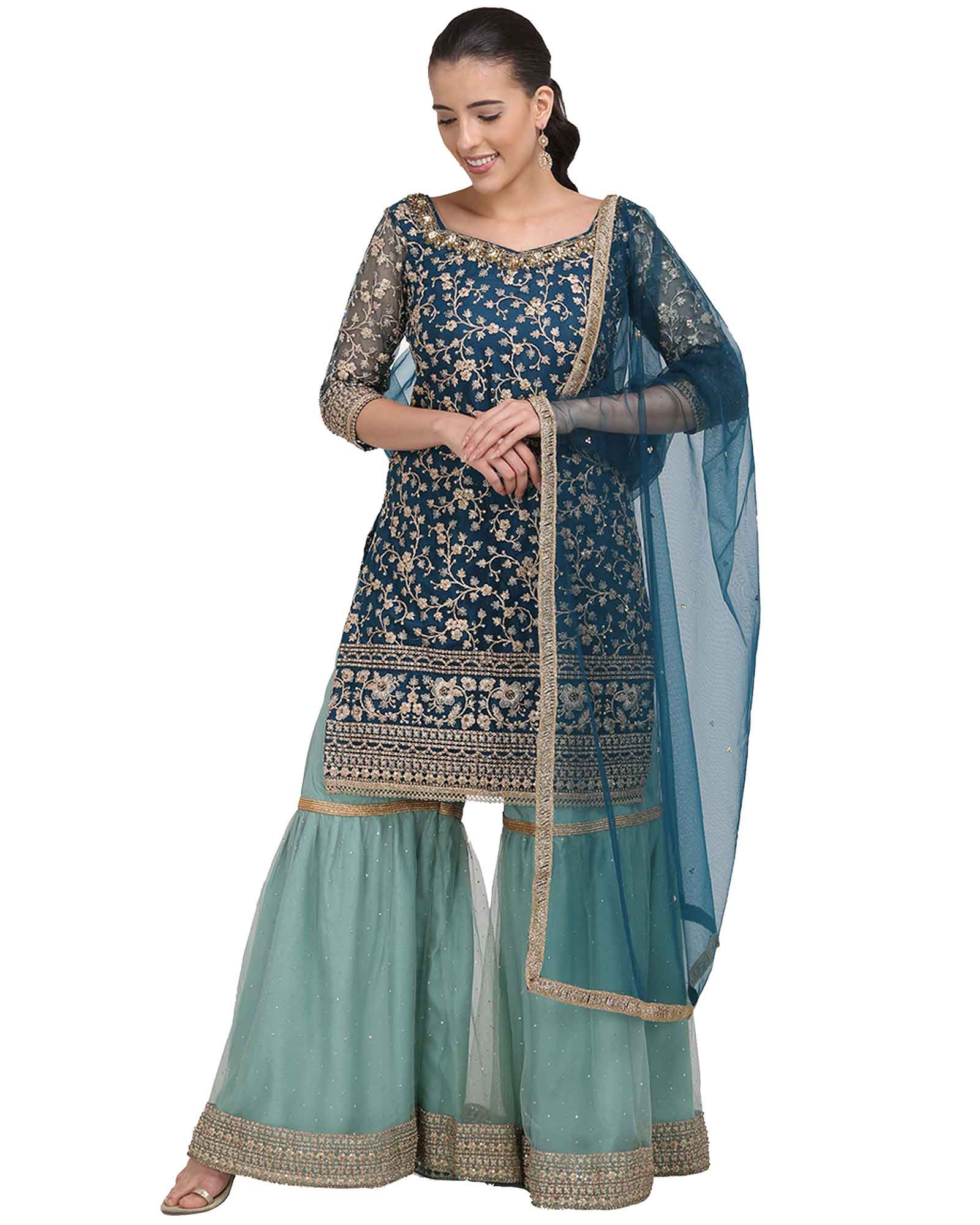 Turquoise Straight Cut Embroidered Sharara Suit