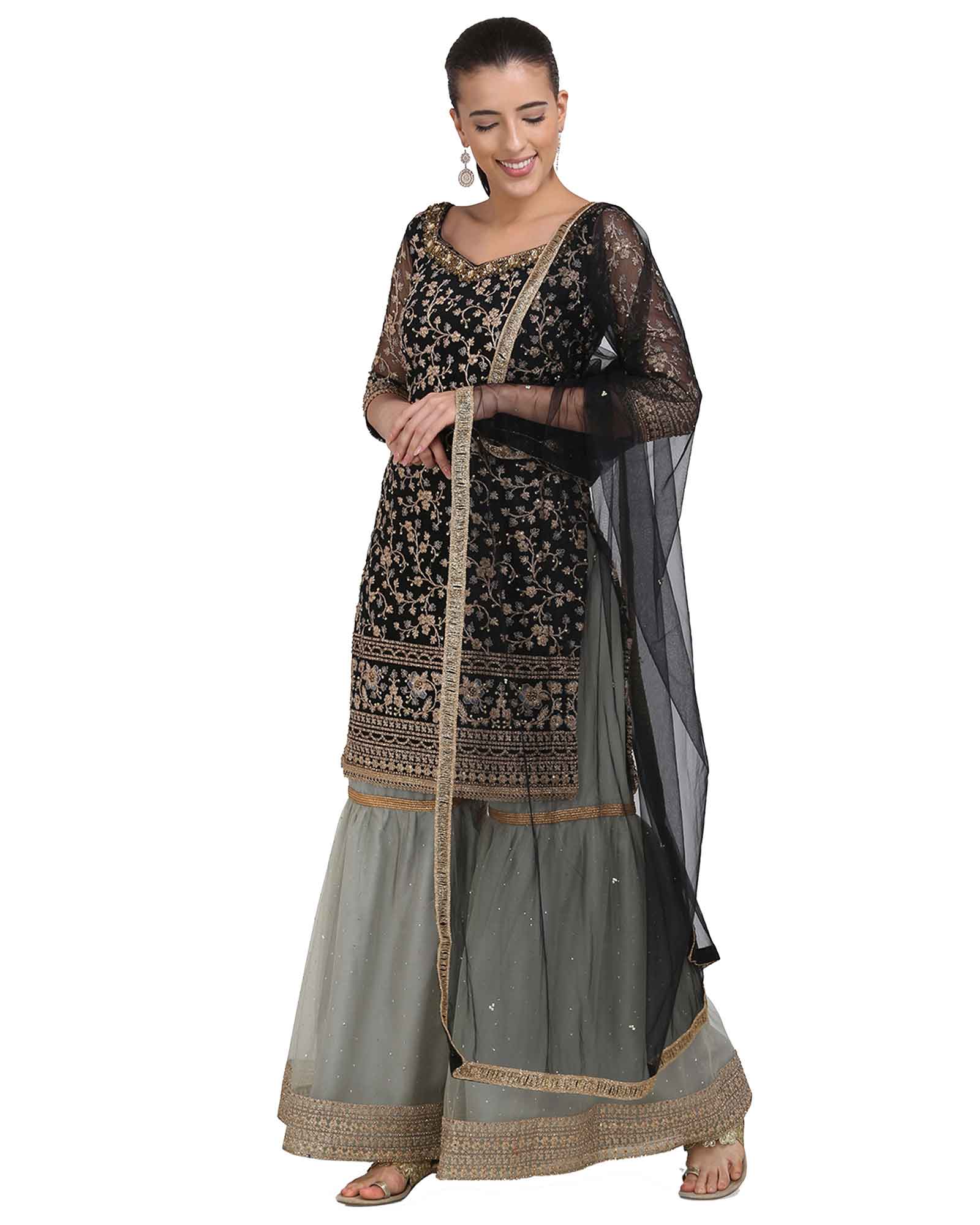 Black Straight Cut Embroidered Sharara Suit