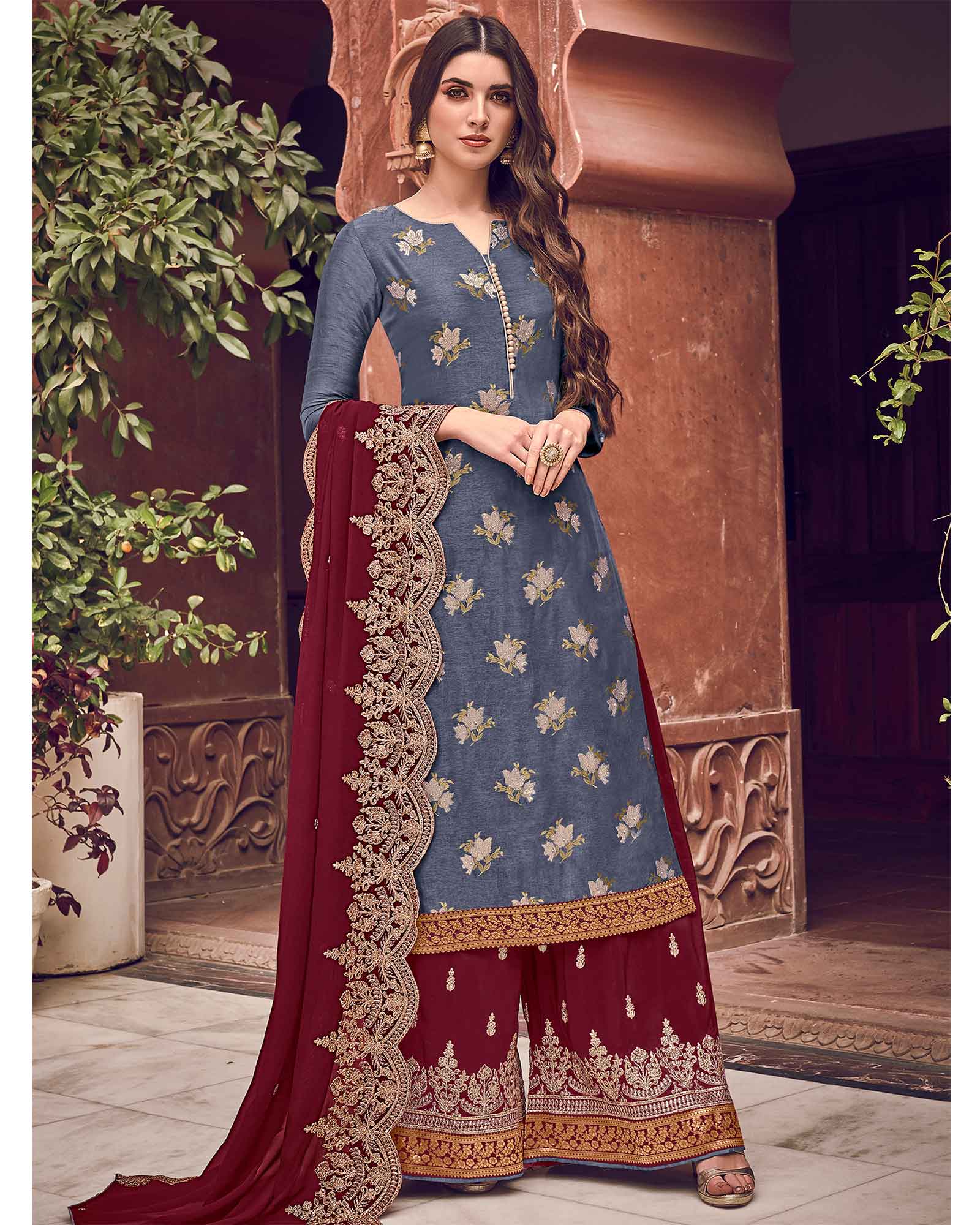 Exotic Blue Colored Party Wear Floral Embroidered  Dress Material