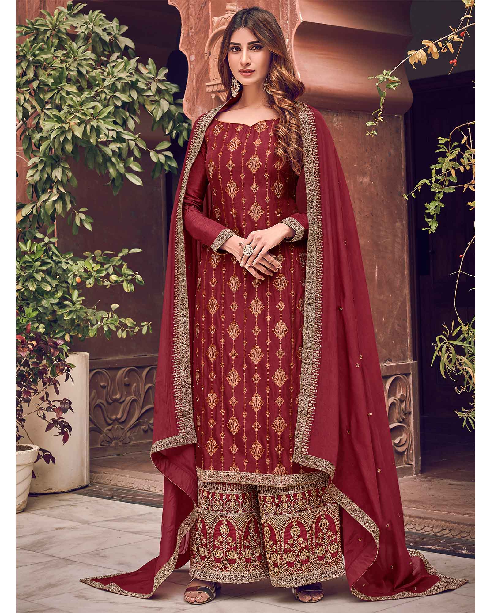 Jazzy Maroon Colored Partywear Embroidered Dress Material