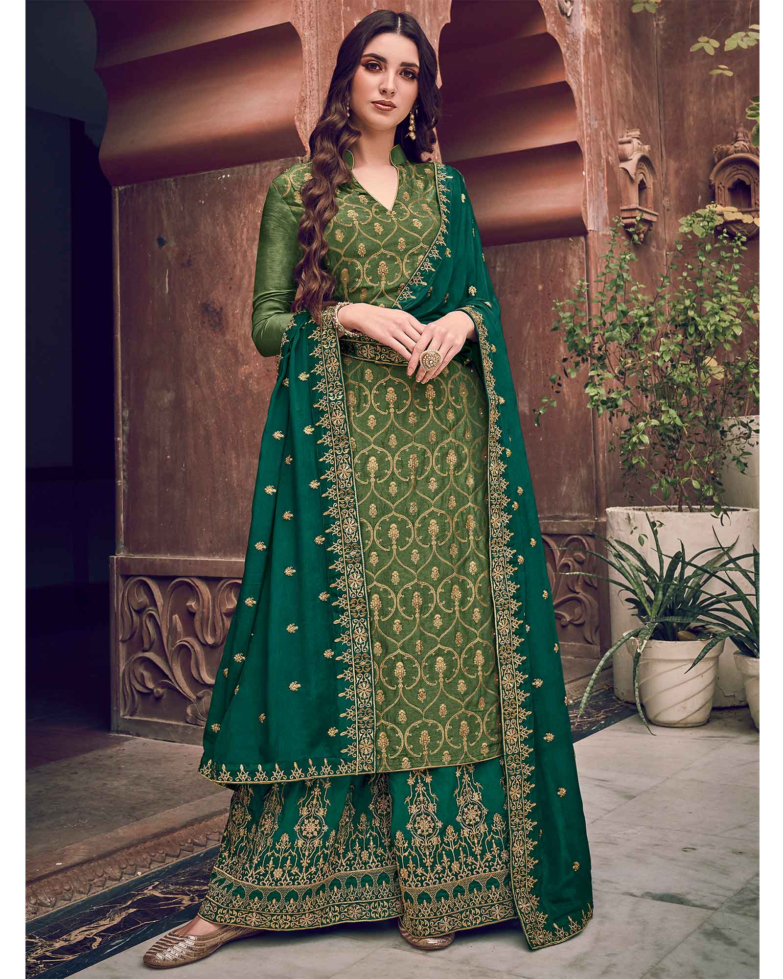 Glowing Green Colored Party Wear Embroidered Dress Material