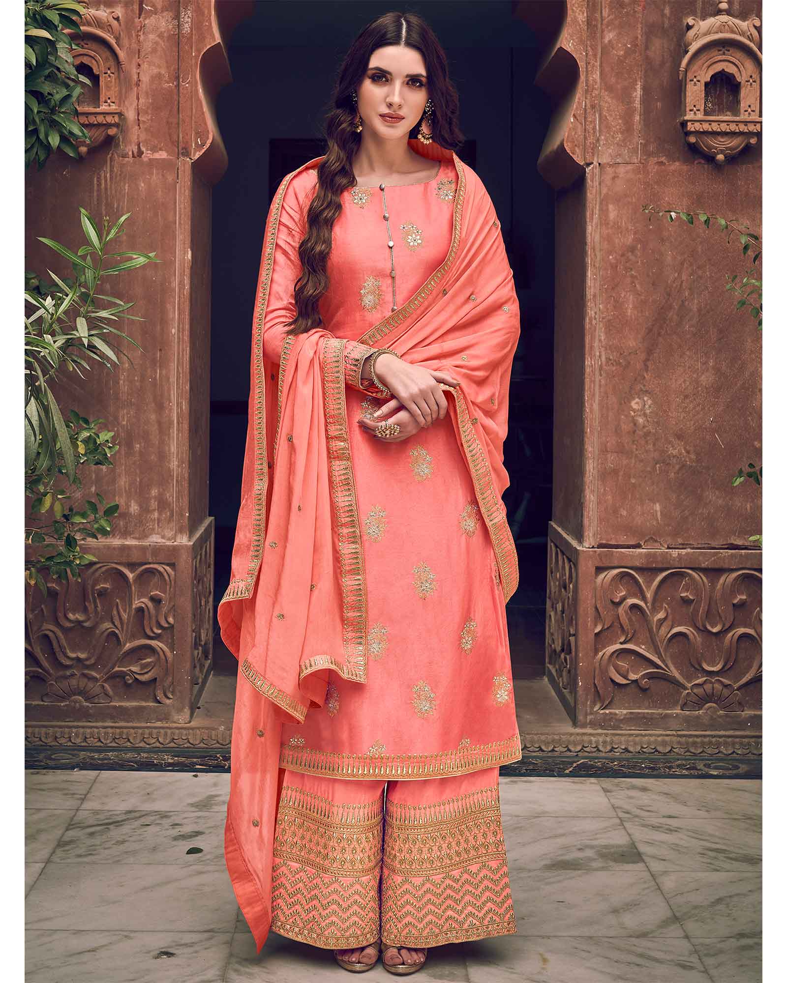 Elegant Peach Colored Partywear Embroidered Dress Material