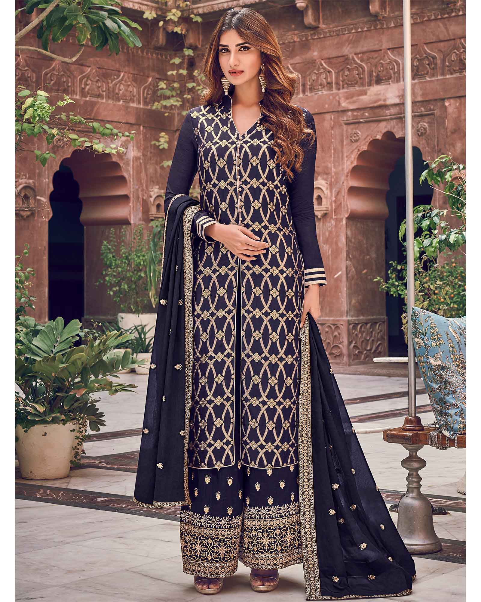 Mesmeric Navy Blue Colored Dress Material