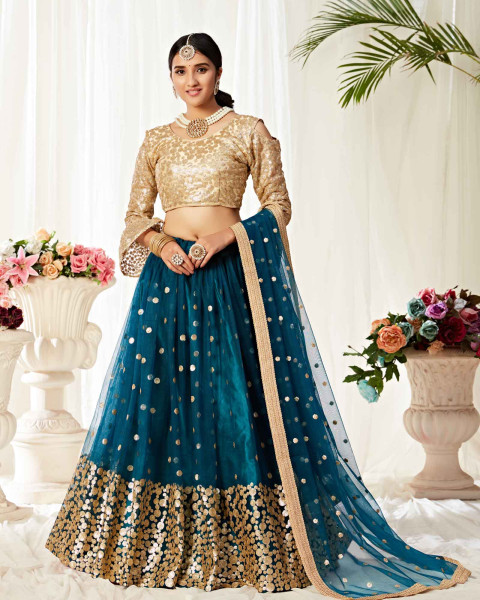Indian Lehenga - Buy Teal Blue Multi Embroidery Wedding Lehenga Choli At  Hatkay