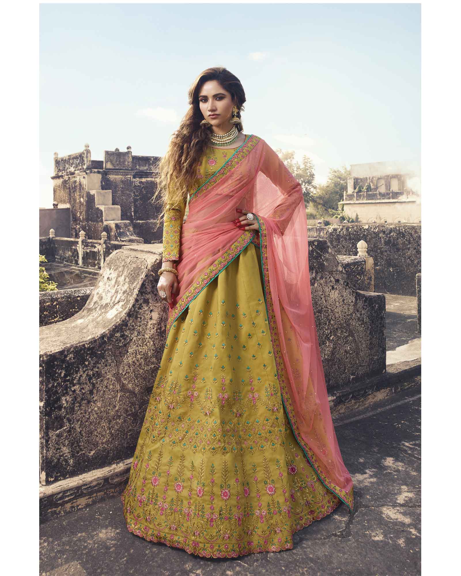 Buy Yellow Raw Silk Round Embroidered Bridal Lehenga Set For Women by  JAYANTI REDDY Online at Aza Fashions.