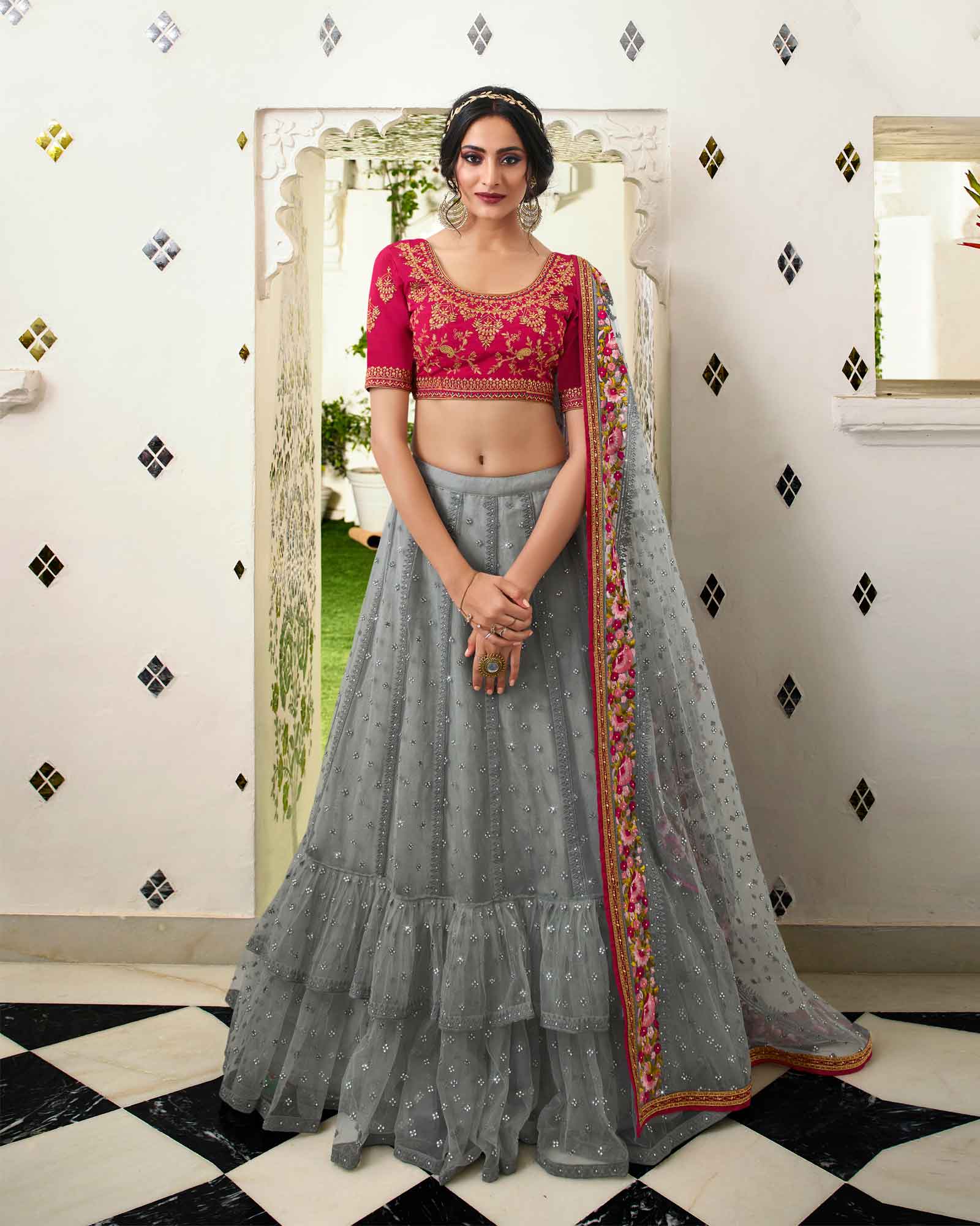 Buy Grey Organza Lehenga Set With Floral Work Online In USA – Pure Elegance