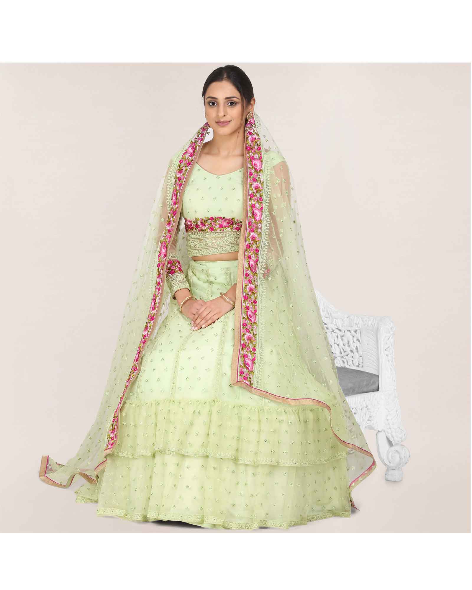 Ruffle Light Green Floral Embroidered Lehenga Choli 