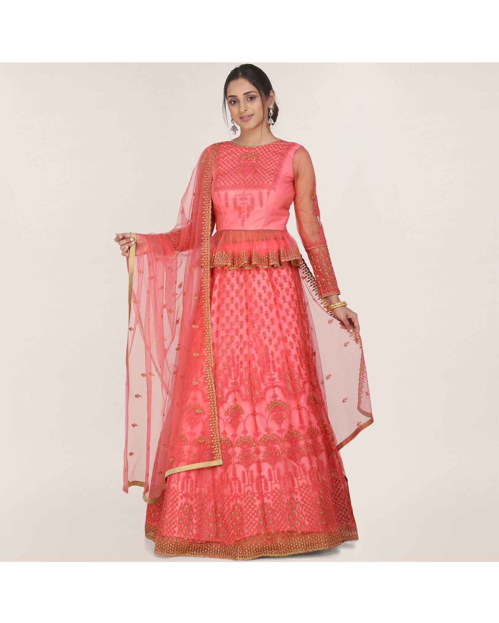 Hot Pink And Gold Orange Banarasi Silk Lehenga Choli With Embroidery Hand  Work 5003