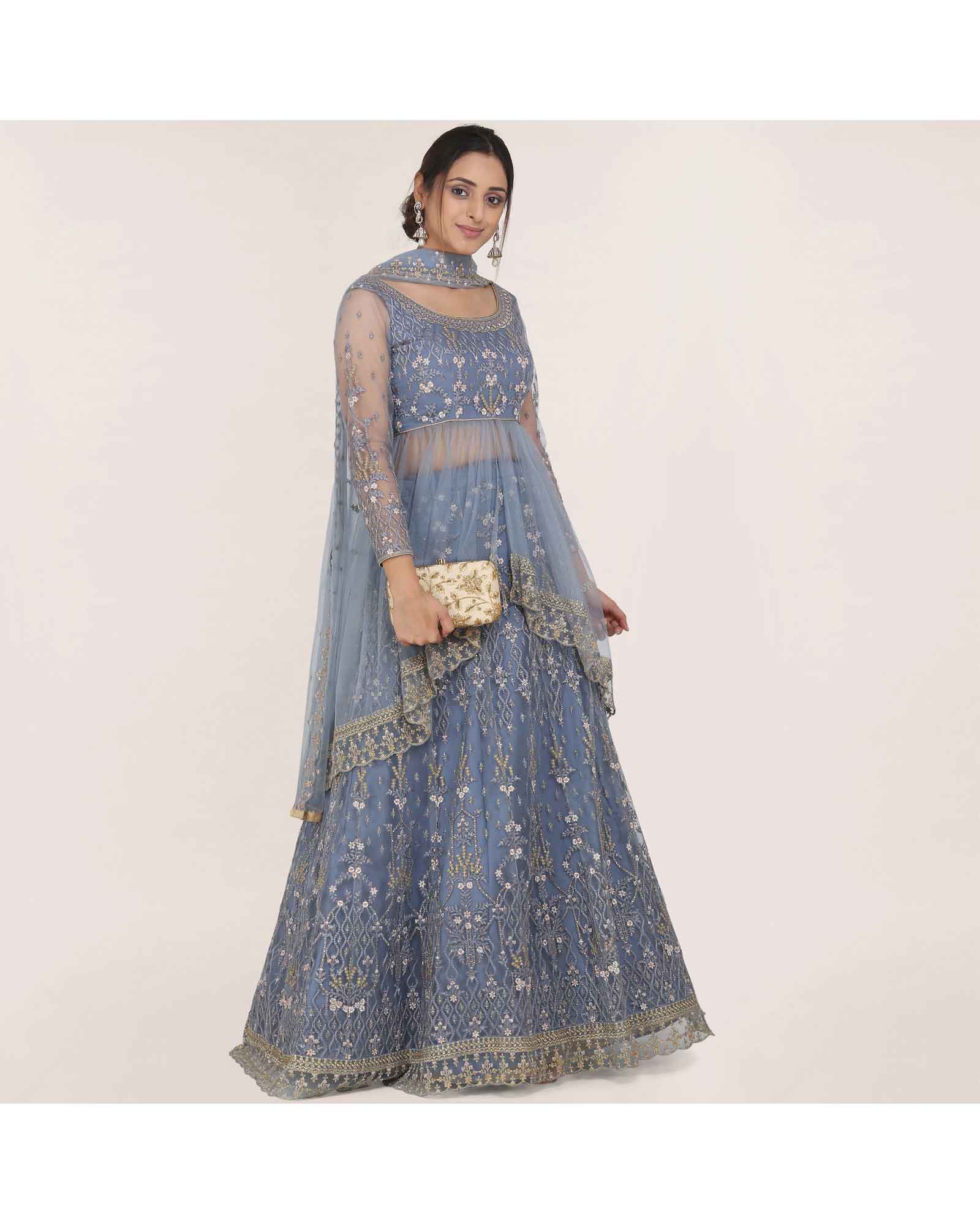 Greyish Blue Zari Resham Work Lehenga Choli 