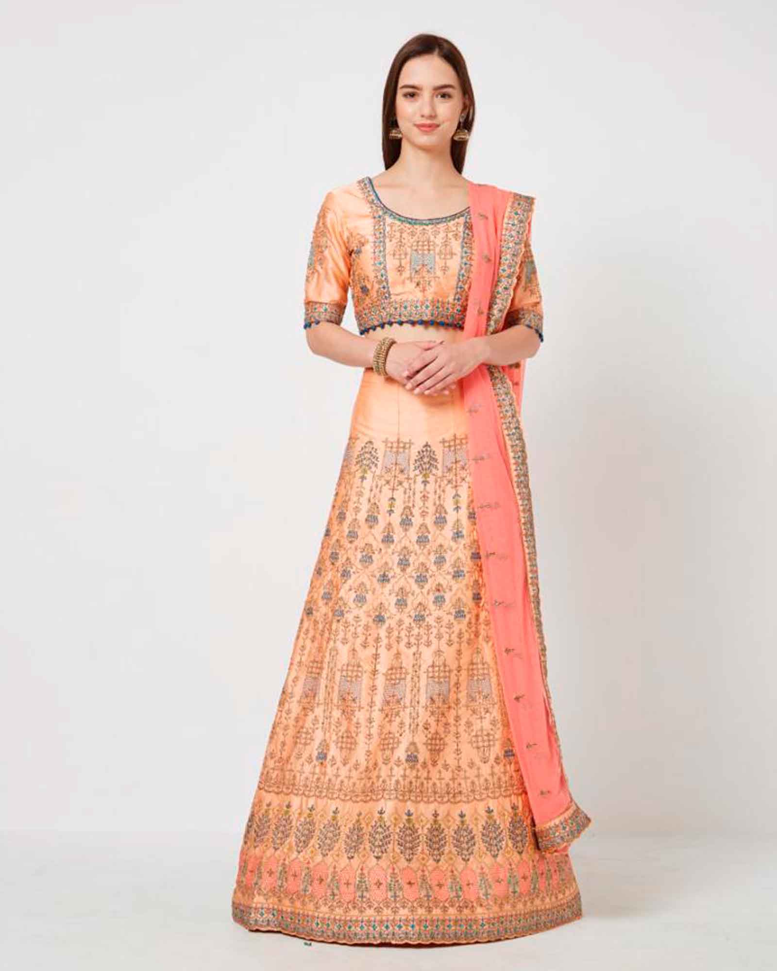 Peach Lehenga Choli With Floral Thread Work