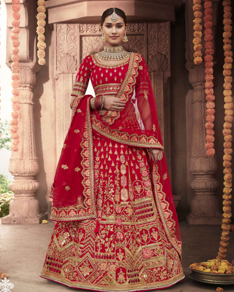 Buy Scarlet Red Lehenga Choli In Raw Silk With Golden Zari Embroidered  Heavy Mughal Border And Floral Jaal With Colorful Resham Flowers Online -  Kalki Fashion