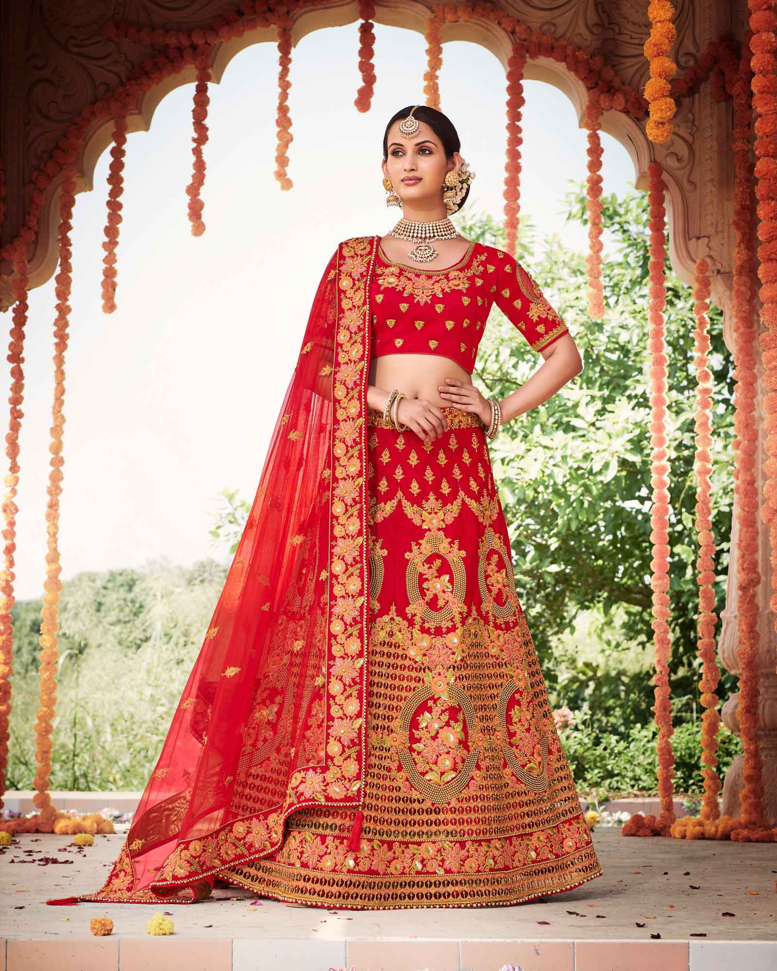 Rose Red Silk Bridal Lehenga Choli With Heavy Thread Embroidery And Stone Work