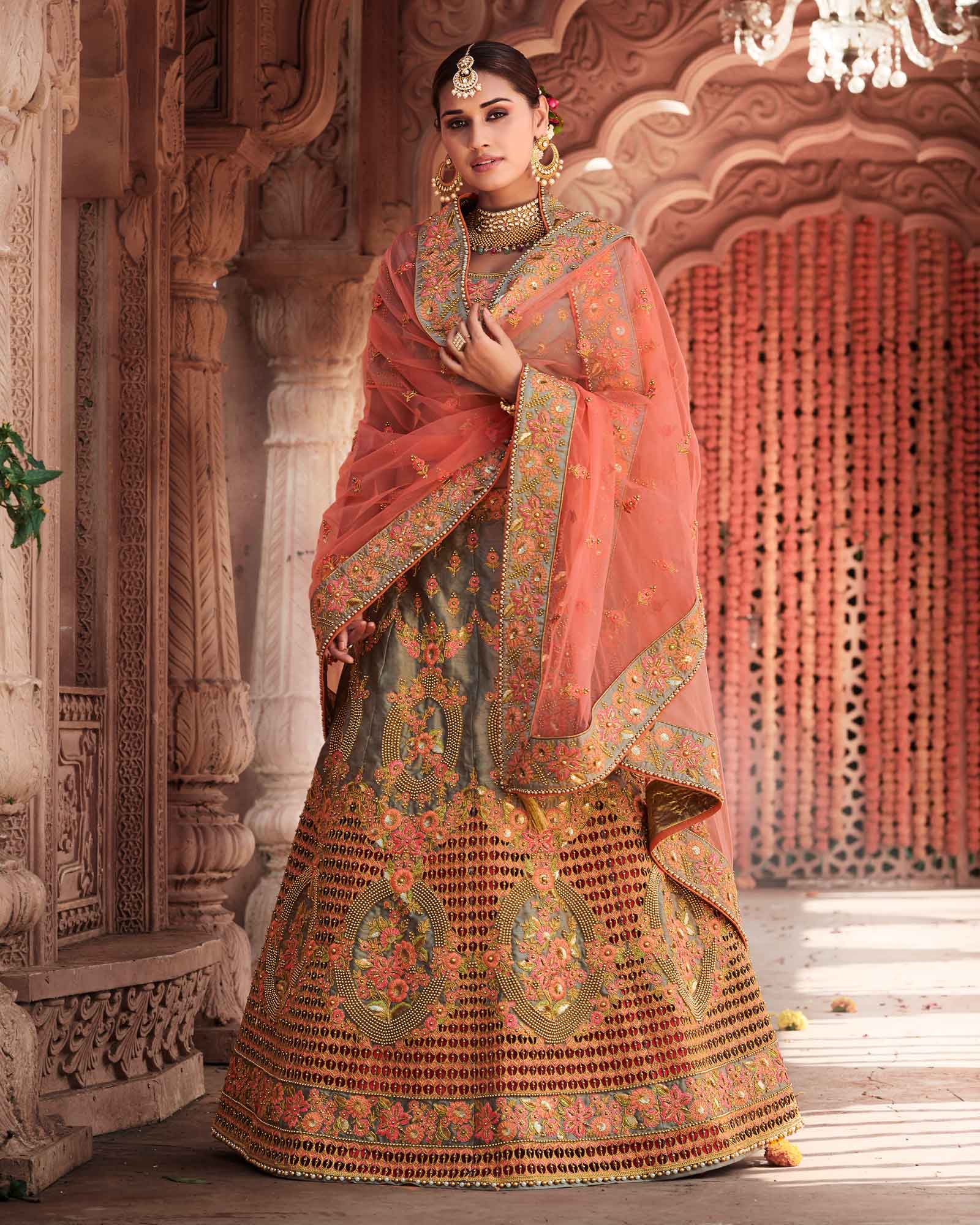 Buy Grey Organza Lining Shantoon Embroidery Sequin And Bridal Lehenga Set  For Women by Mirroir Online at Aza Fashions.
