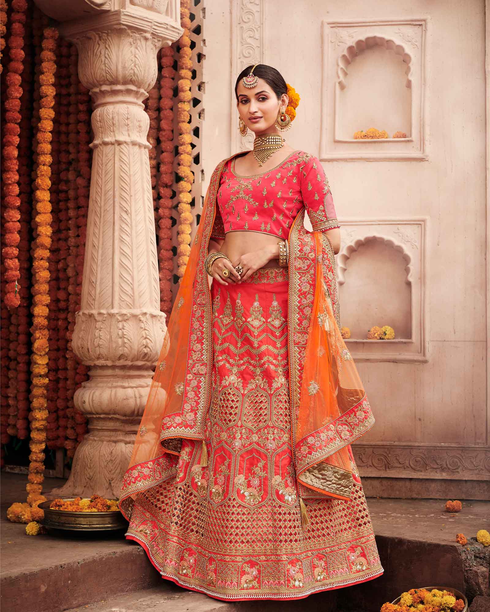 Shop Bollywood Lehenga - Pink And Orange Embroidery Wedding Lehenga Choli  With Belt At Hatkay