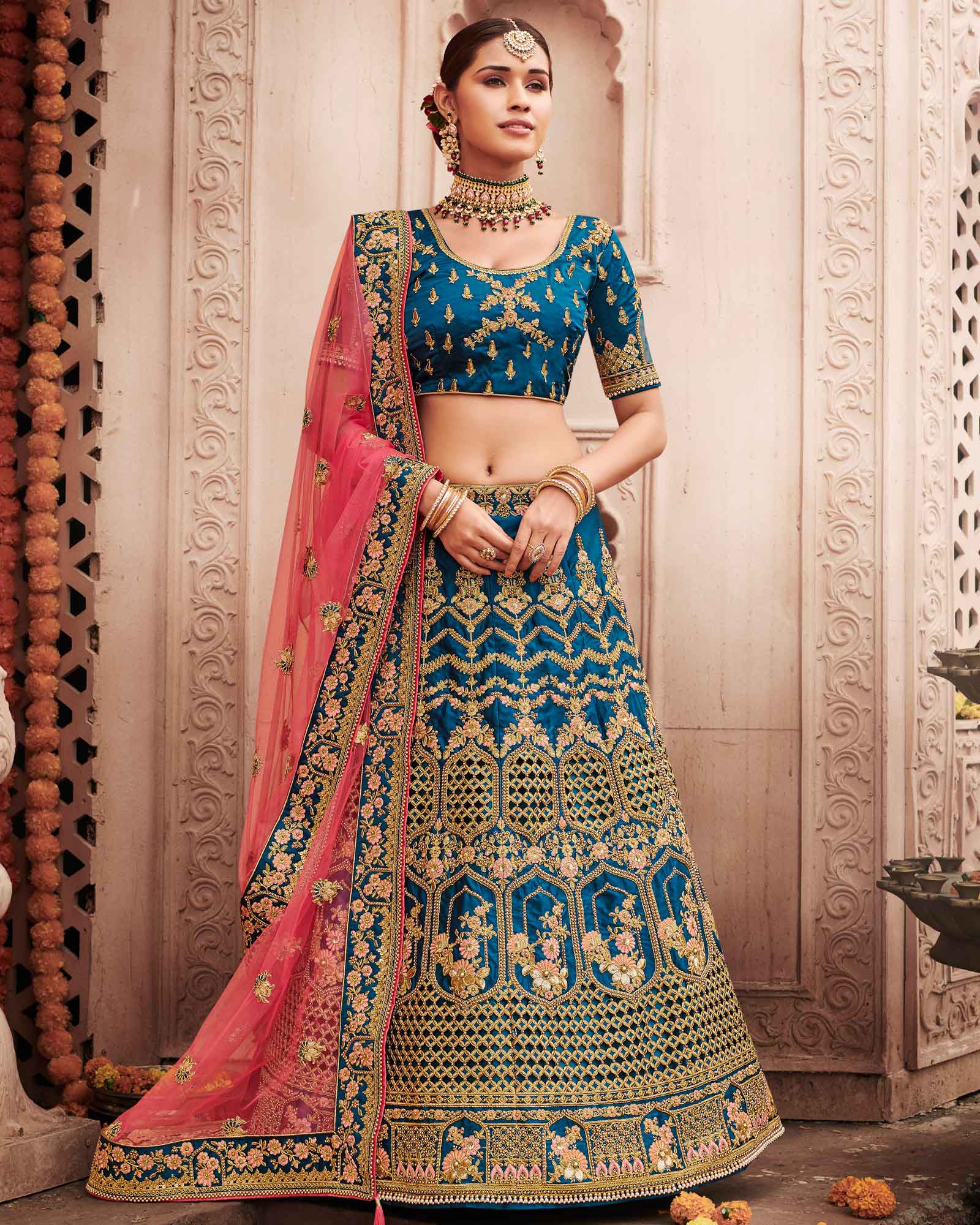 Navy Blue Silk Bridal Lehenga Choli With Heavy Thread Embroidery And Stone Work