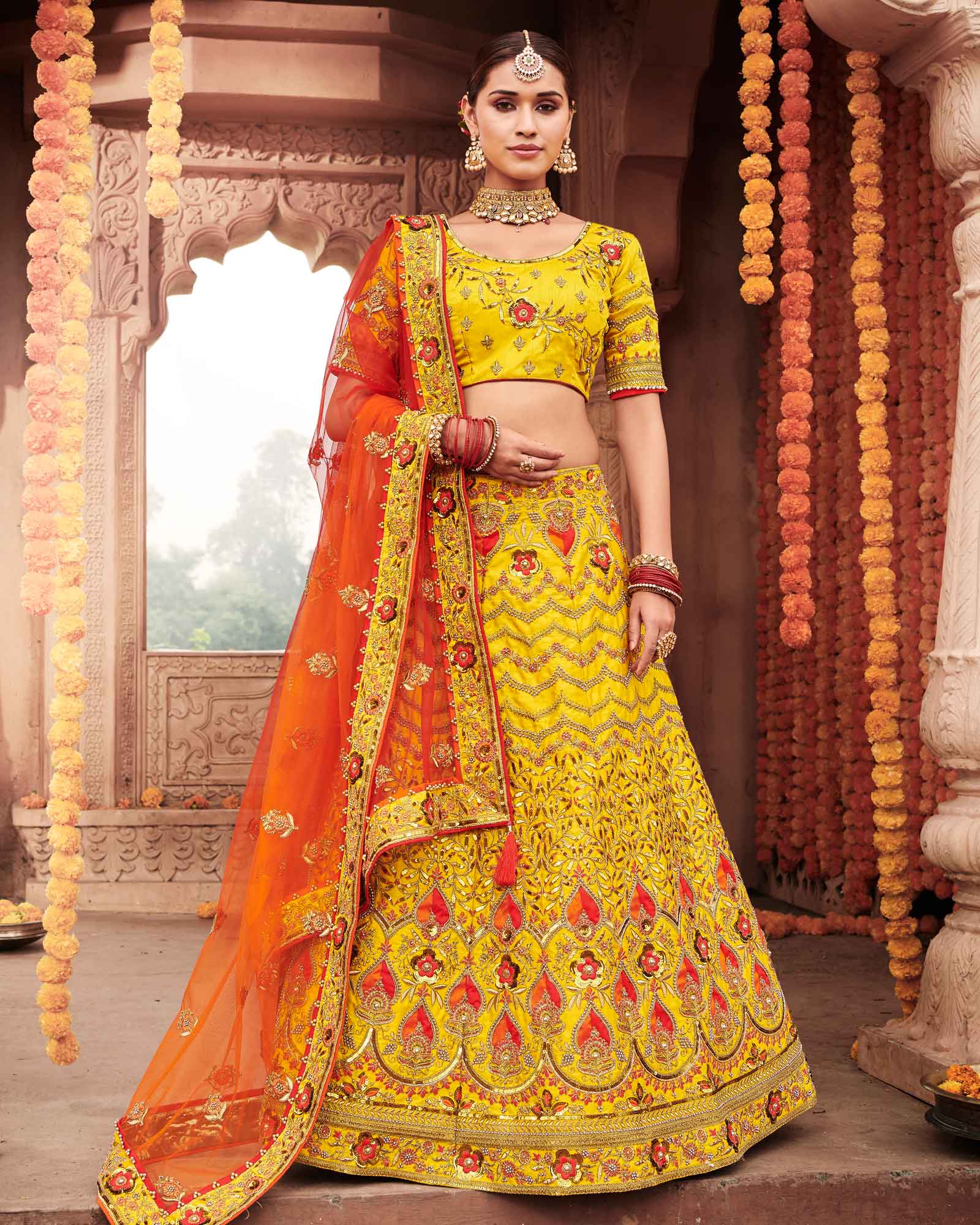 Buy Beautiful Yellow & Red Thread Work Velvet Bridal Wear Lehenga Choli -  Zeel Clothing