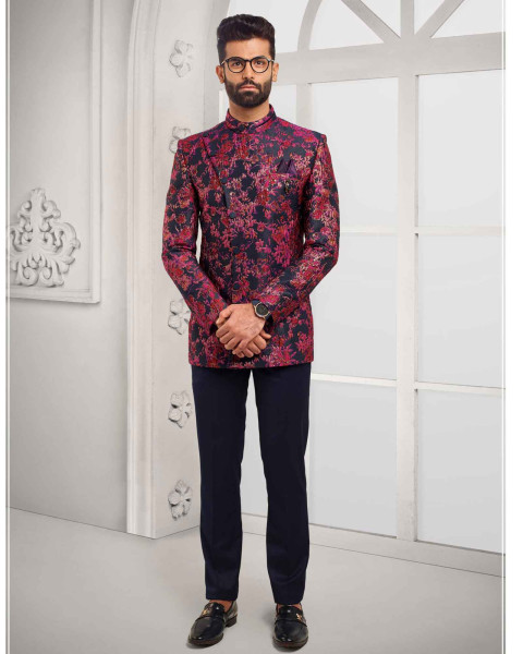 Buy Navy Blue Jacquard Foil Print Jodhpuri Suit Online at Best Price |  Cbazaar
