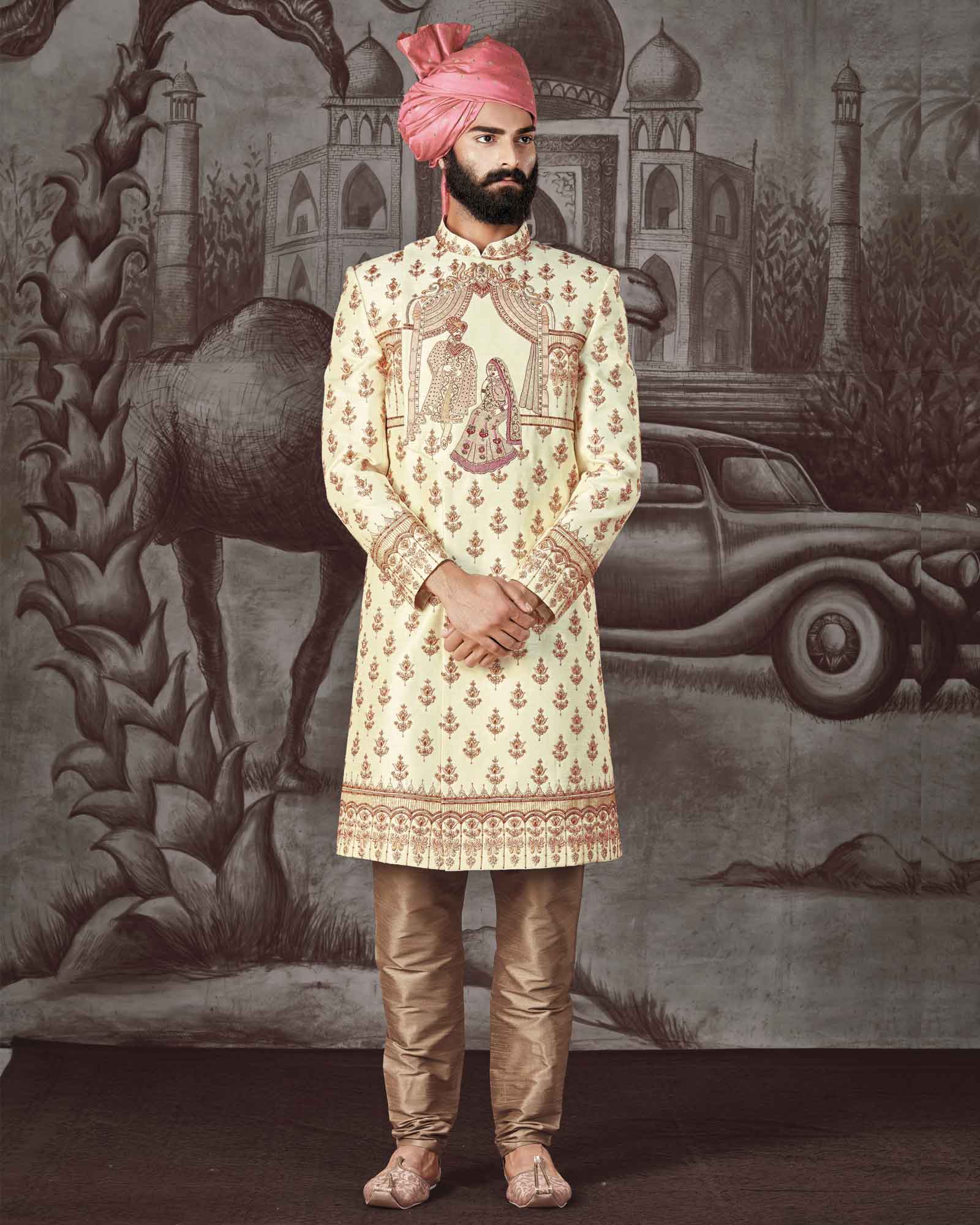 Cream Dulha Dulhan Embroidery Heavy Silk Sherwani - ASPZ3660