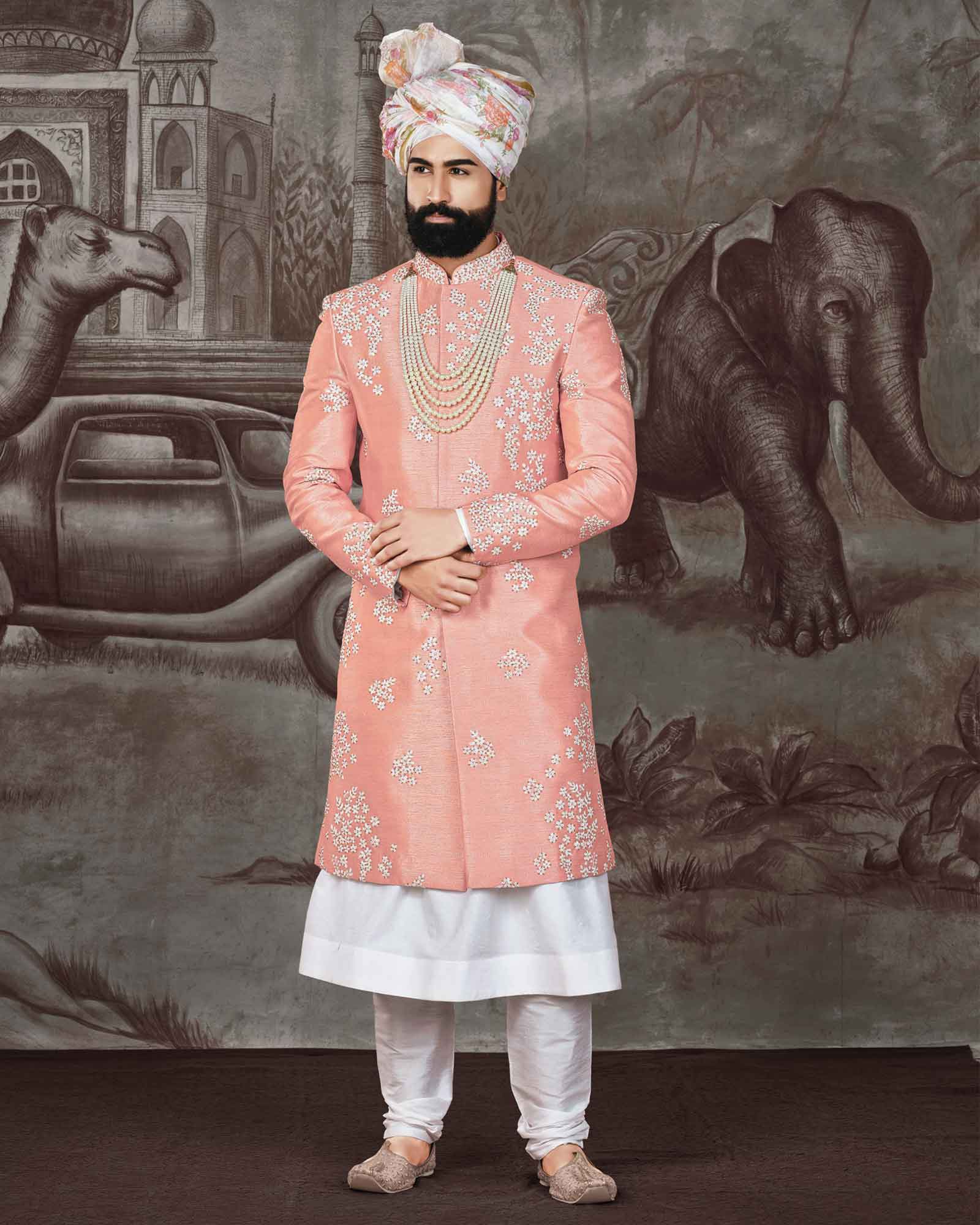 Simple and sober peach embroidered sherwani - ASPZ3680