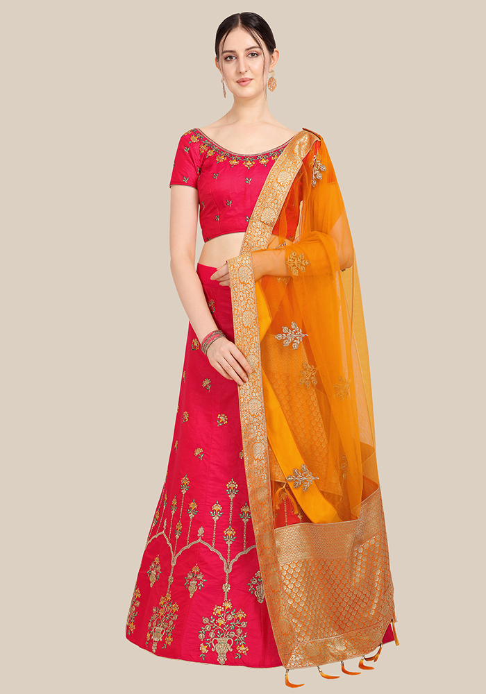 Yellow silk embroidered lehenga choli 988 | Silk lehenga, Saree wearing  styles, Red lehenga choli