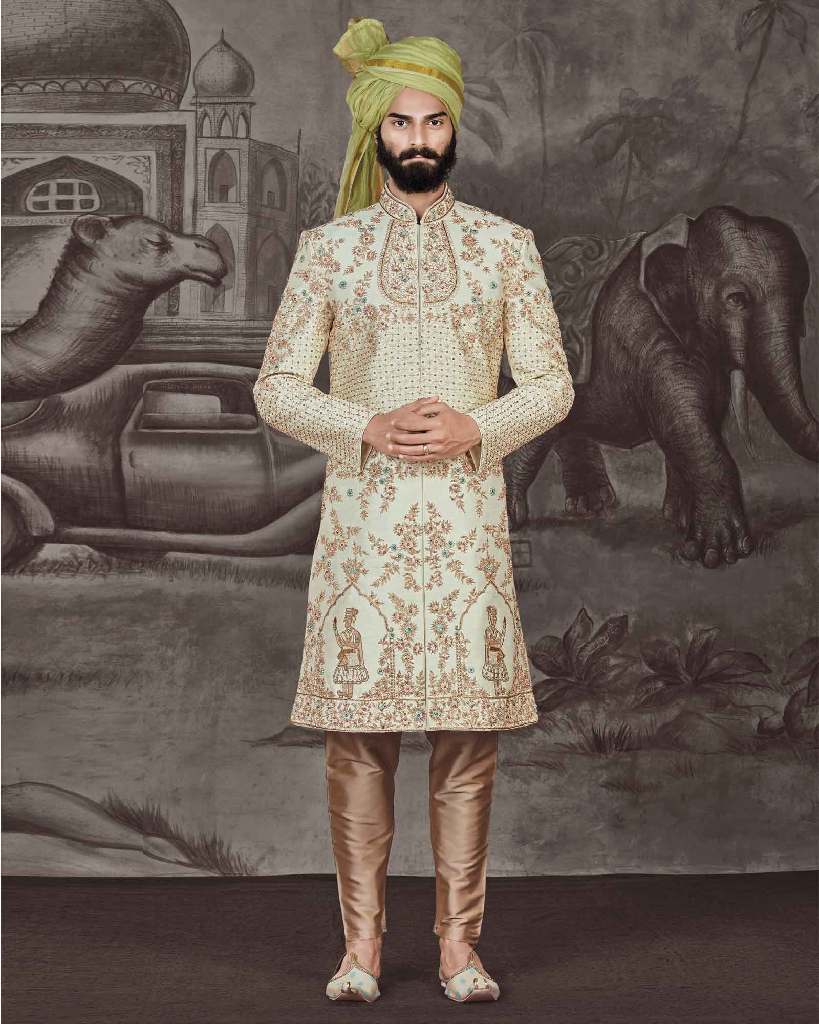 Cream Zari Thread Embroidered Silk Sherwani - ASPZ3704