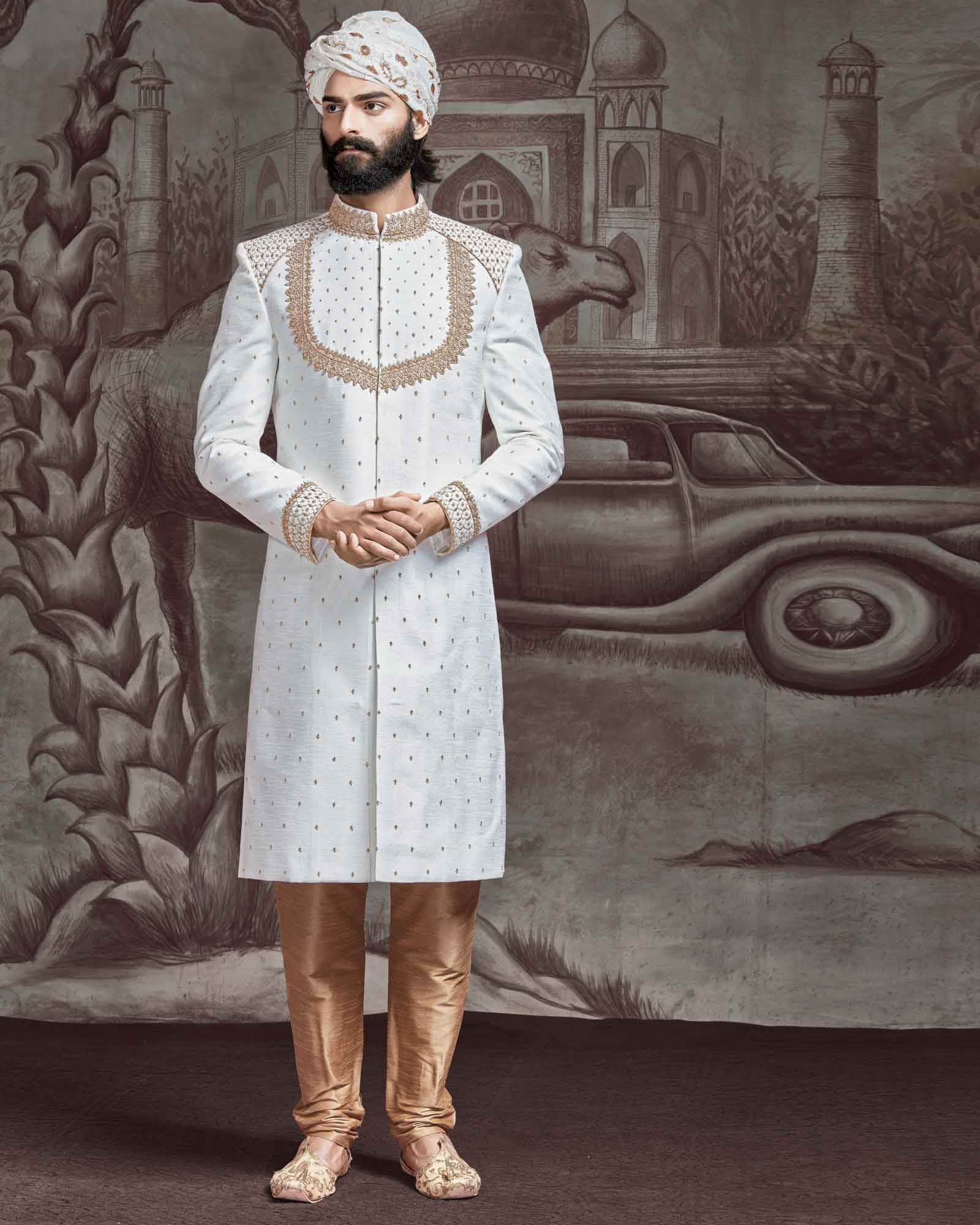 Smart combination of white and gold embroidered sherwani - ASPZ3749