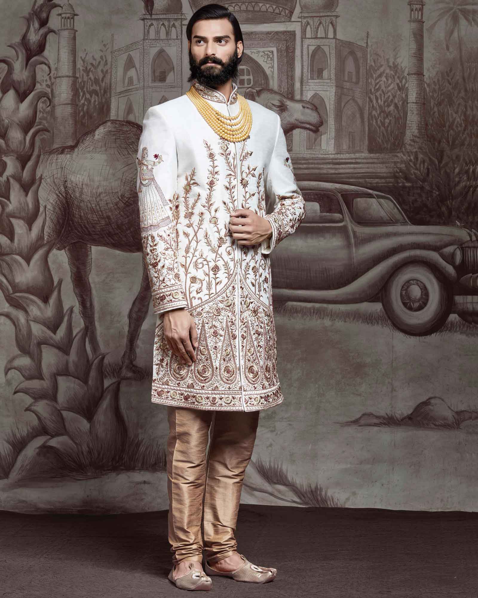 White Zari and Bead Embroidered Silk Sherwani - ASPZ3788