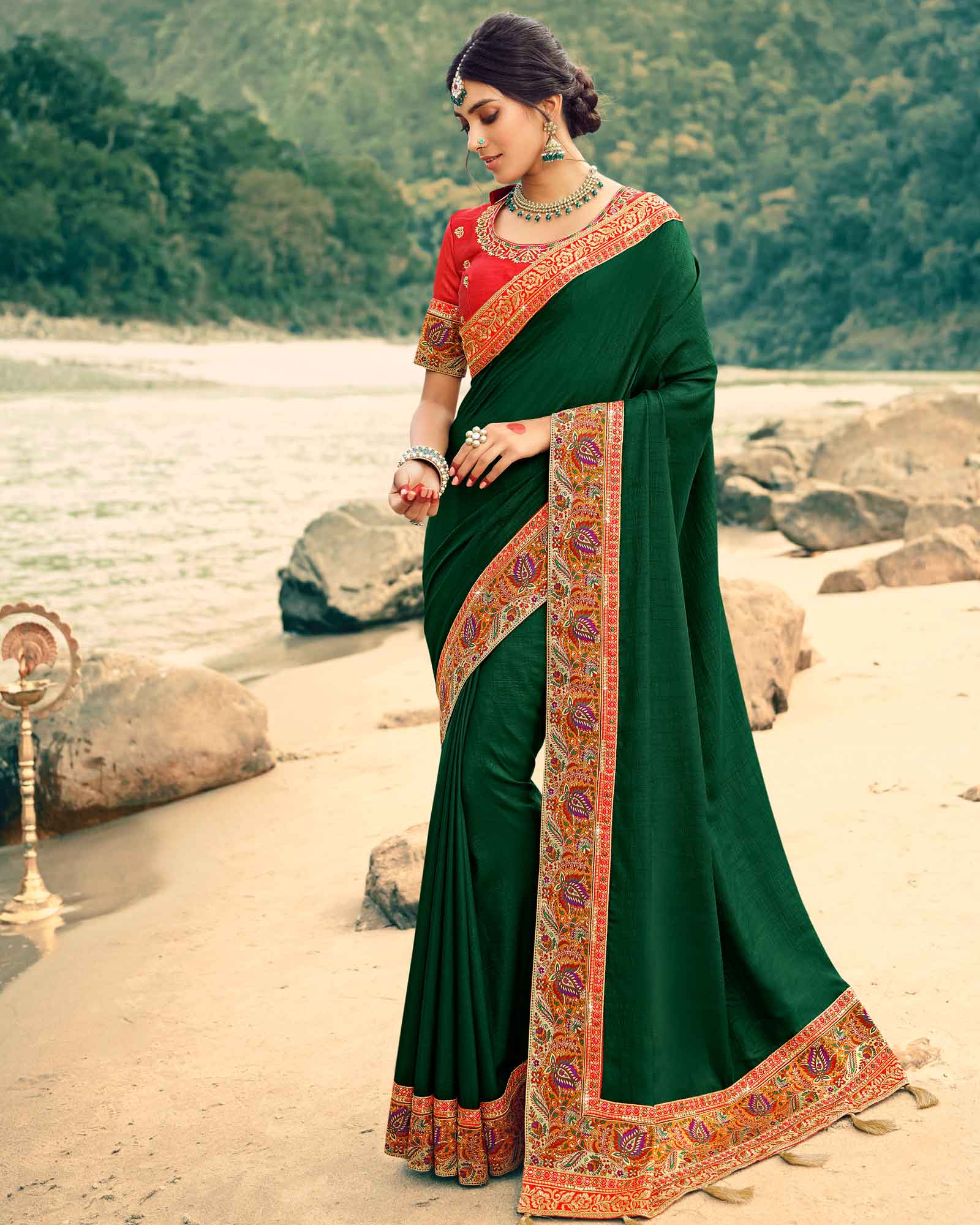 Attractive Dark Green Color Weaving Work Banarasi Style Silk Saree