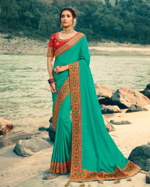 CM- Turquoise color Lichi Silk Saree - Silk Sarees - Sarees - Indian