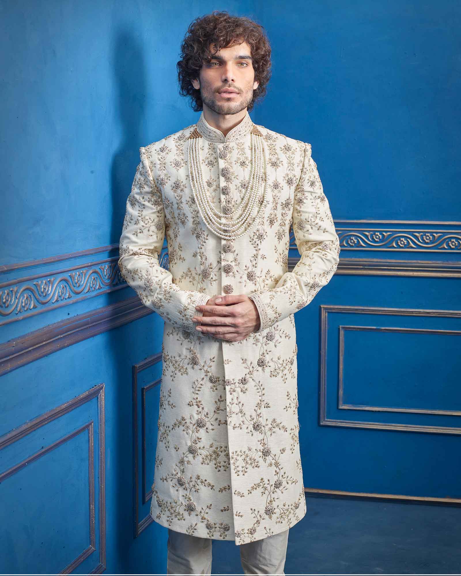 Cream Raw Silk Groom Sherwani - RCS2185