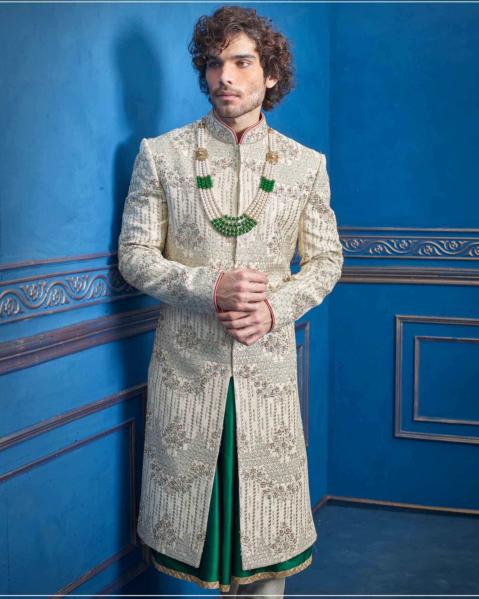 Cream Groom Sherwani In Raw Silk - RCS2224