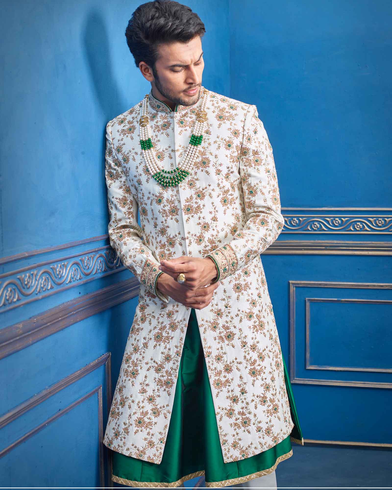 White Silk Groom Wear Sherwani - RCS2226