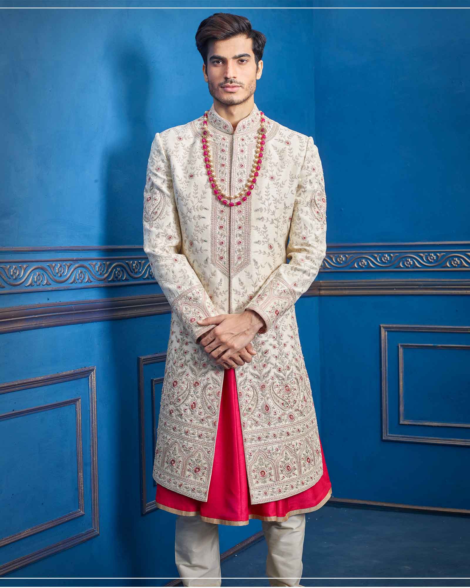 Raw Silk Double Layer Cream Sherwani - RCS2278