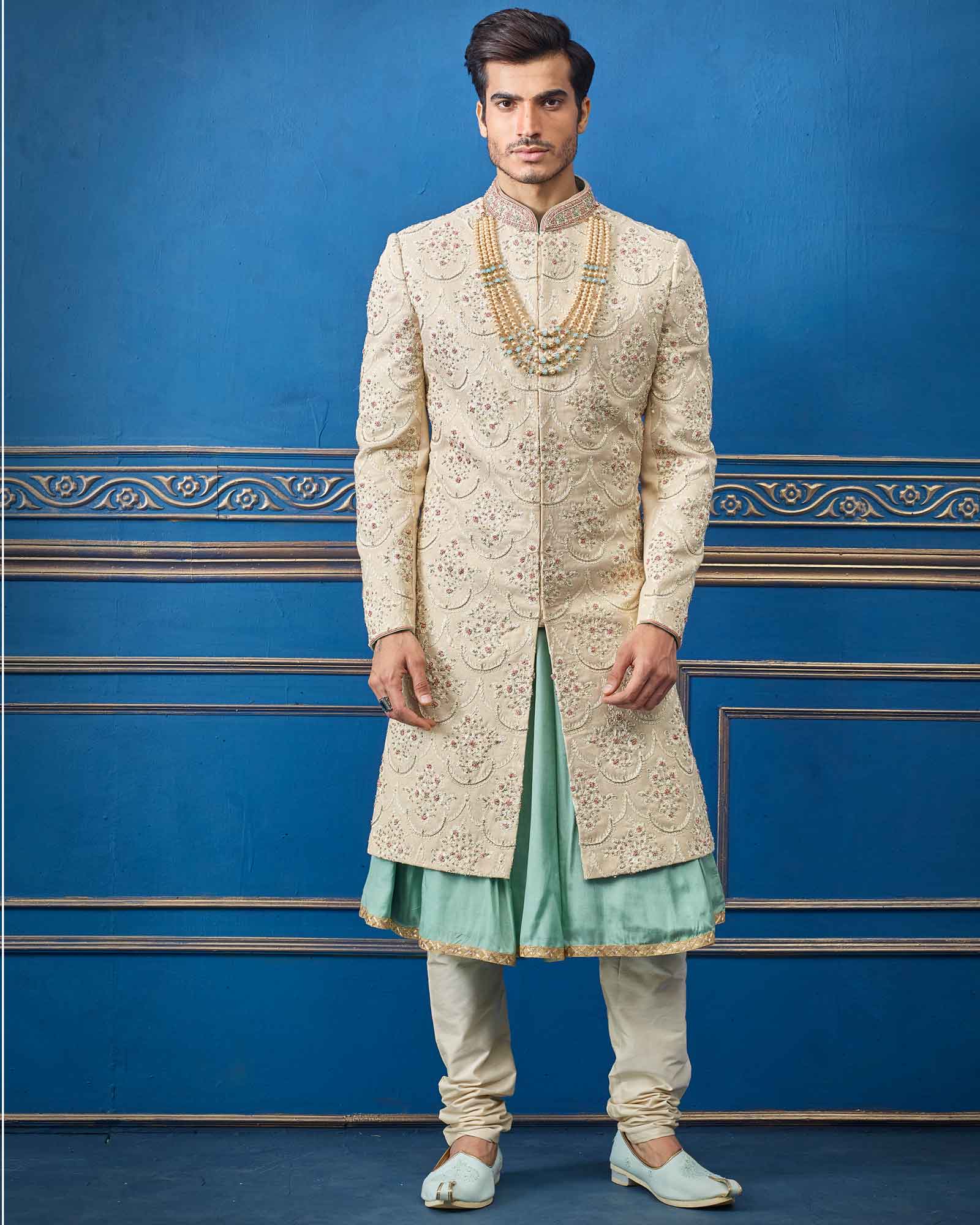 Beige And Sea Green Double Layer Silk Sherwani - RCS2279