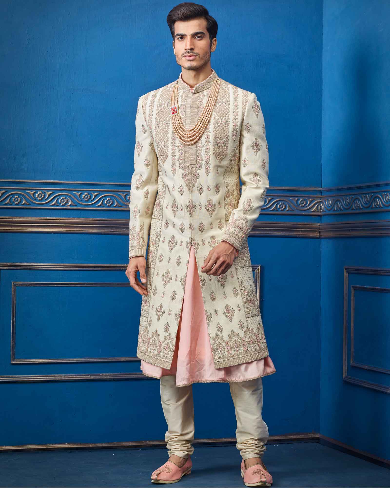 Cream And Pink Raw Silk Groom Wear Sherwani - RCS2312