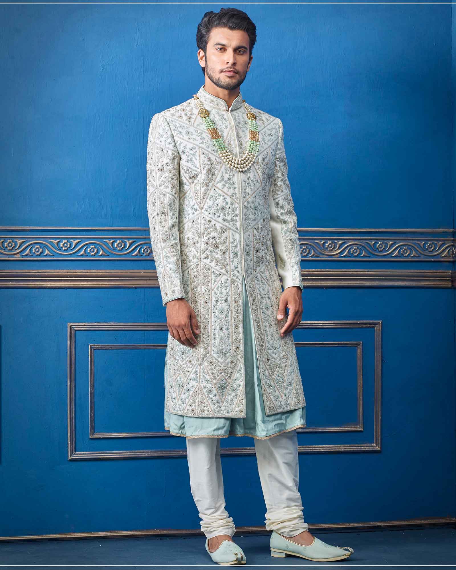 Raw Silk Grey Embroidered Sherwani For Wedding Days - RCS2324