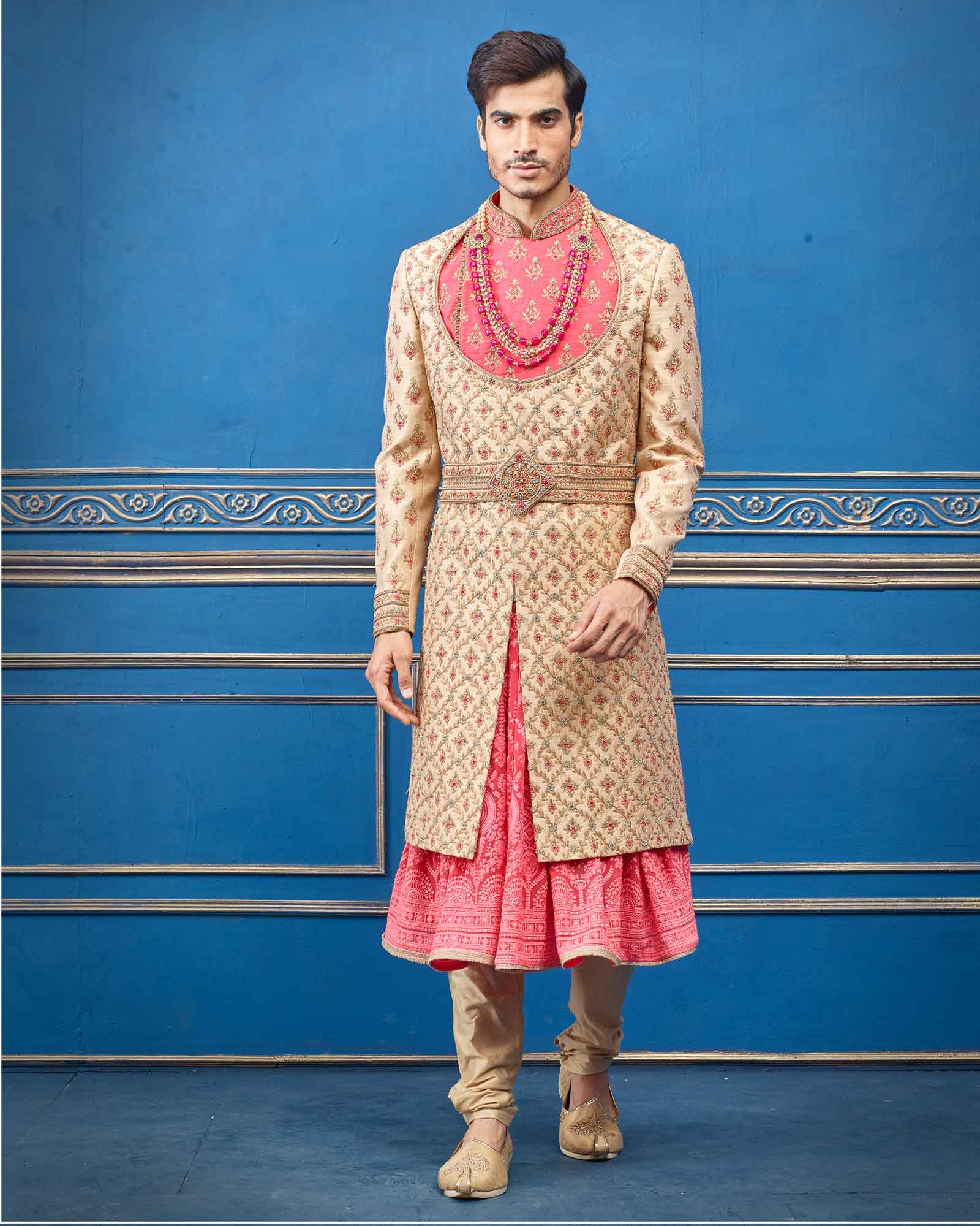 Beige And Pink Raw Silk Mens Stunning Sherwani - RCS2332
