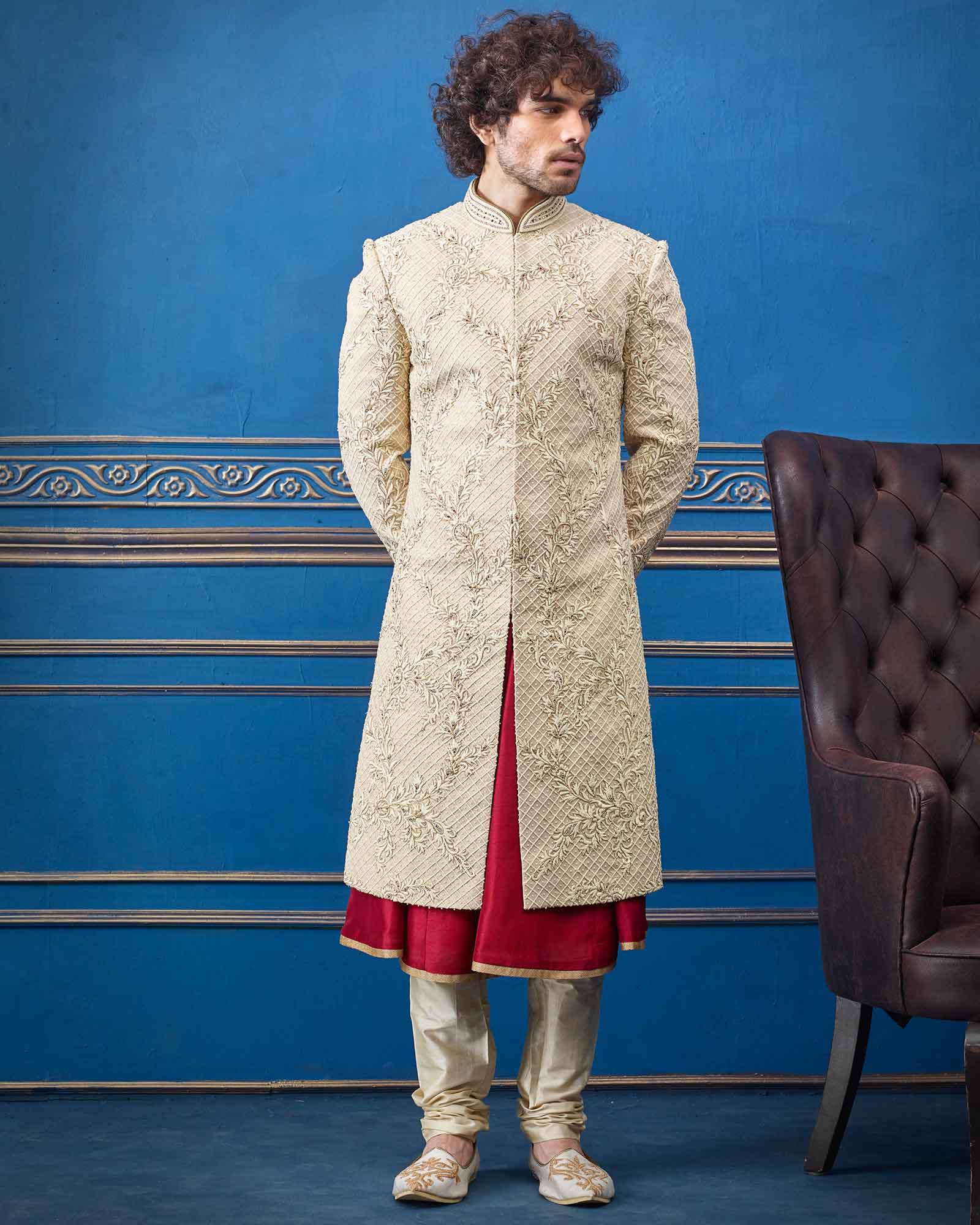 Silk Cream Embroidered Double Layer Groom Sherwani - RCS2334