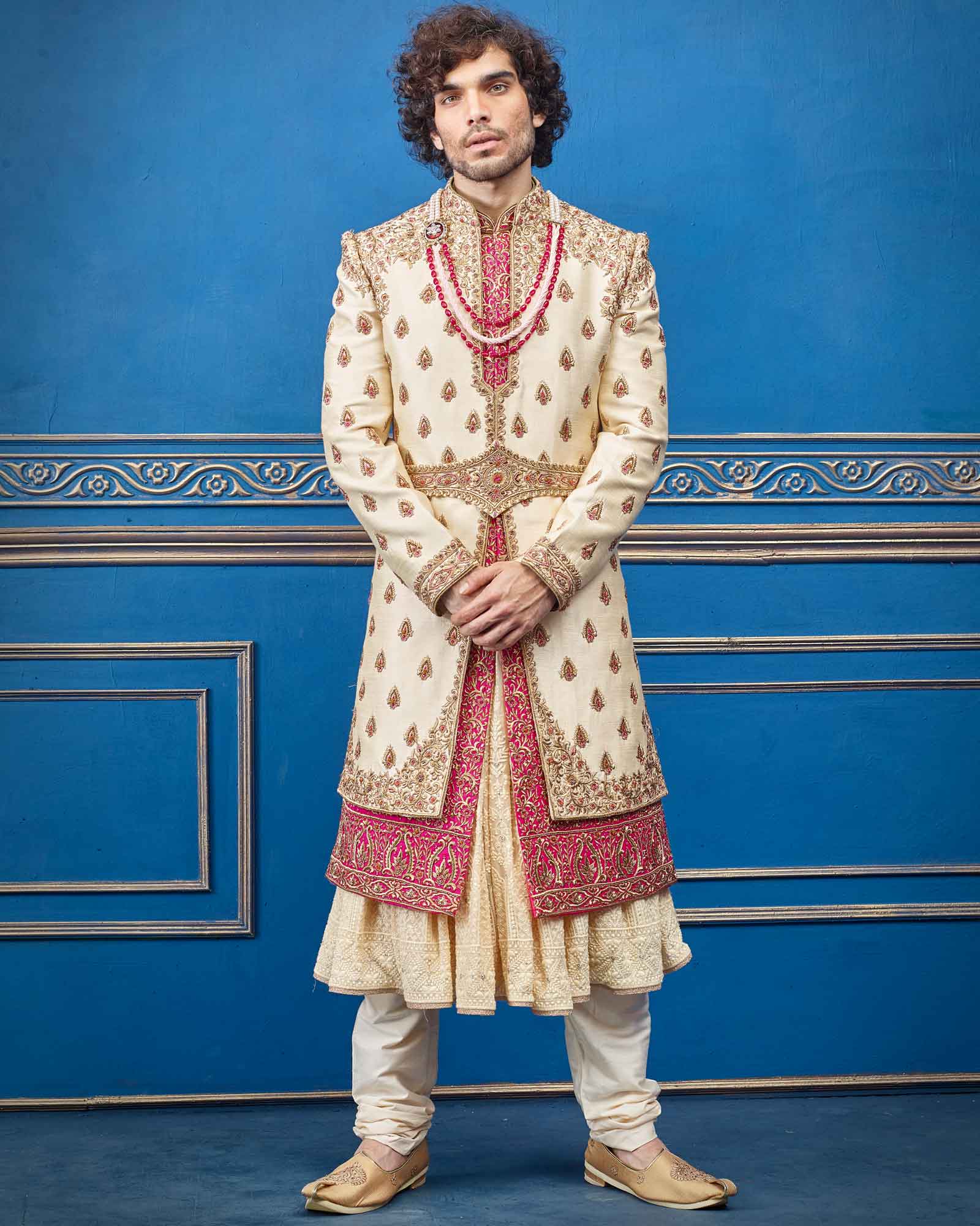 Cream Magenta Layer Style Silk Groom Sherwani - RCS2343