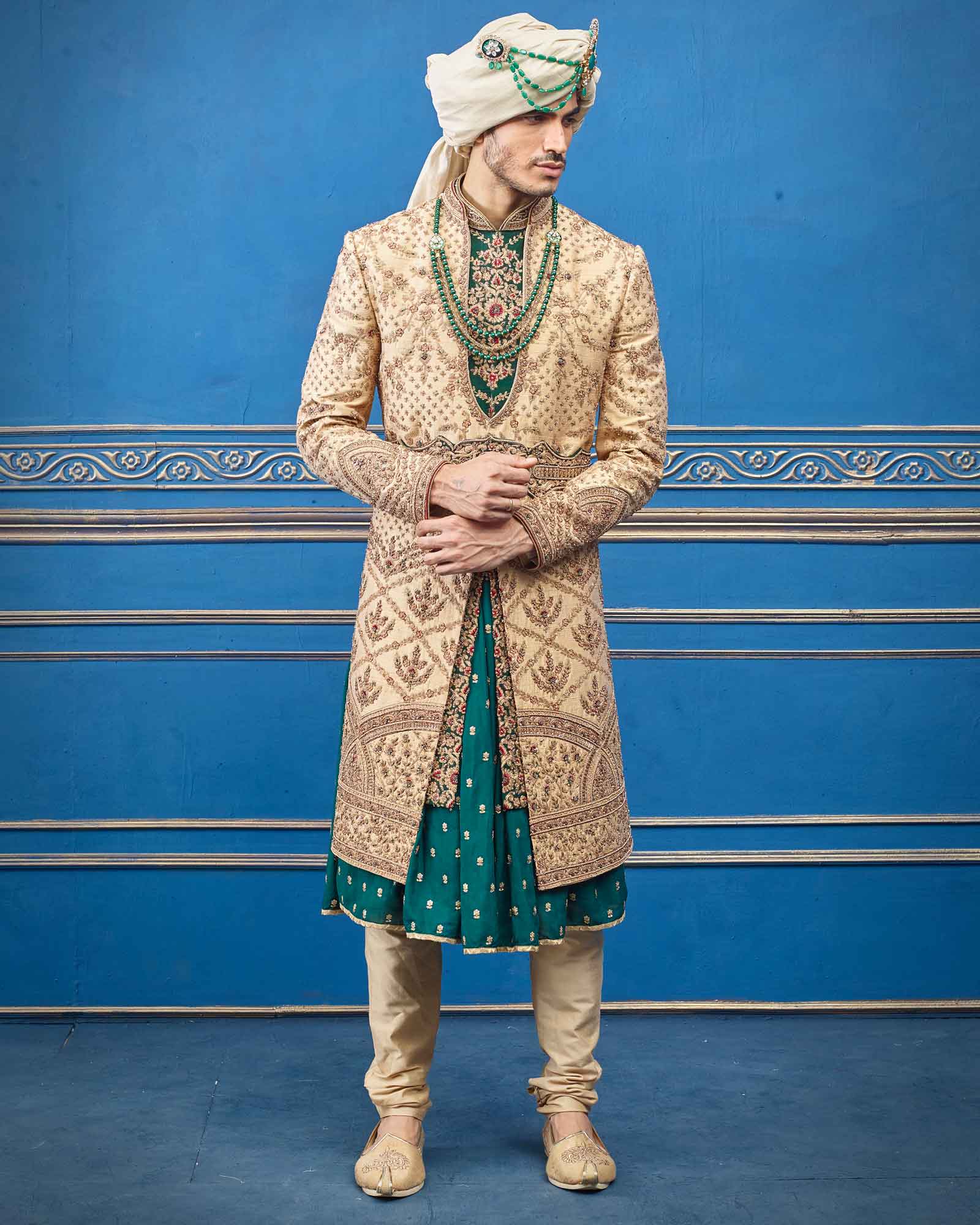 Raw Silk Beige Green Jacket Style Designer Sherwani - RCS2348