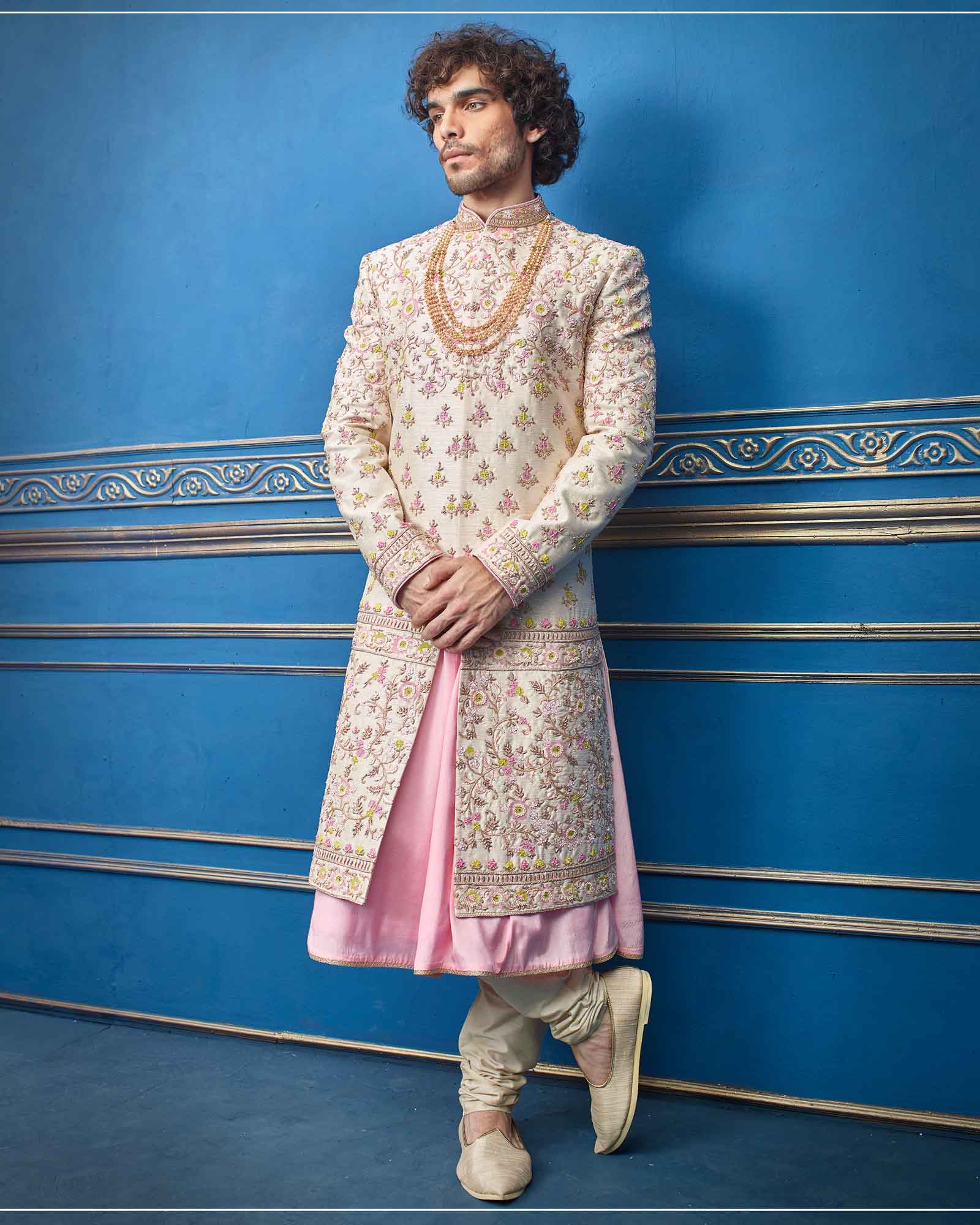 Cream Pink Raw Silk Designer Double Layer Sherwani Suit - RCS2355