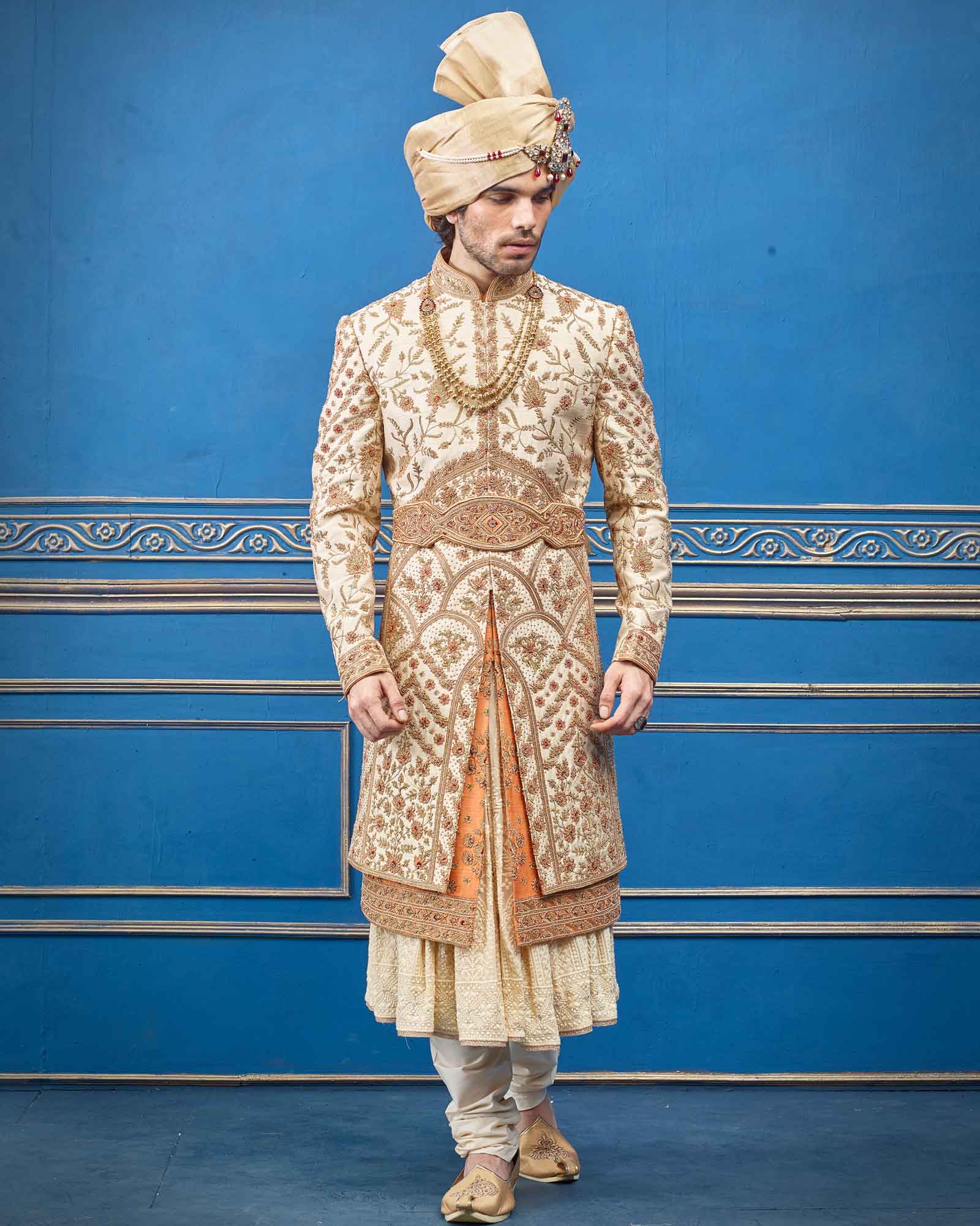 Silk Cream Designer Layer Style Indian Wedding Sherwani - RCS2357